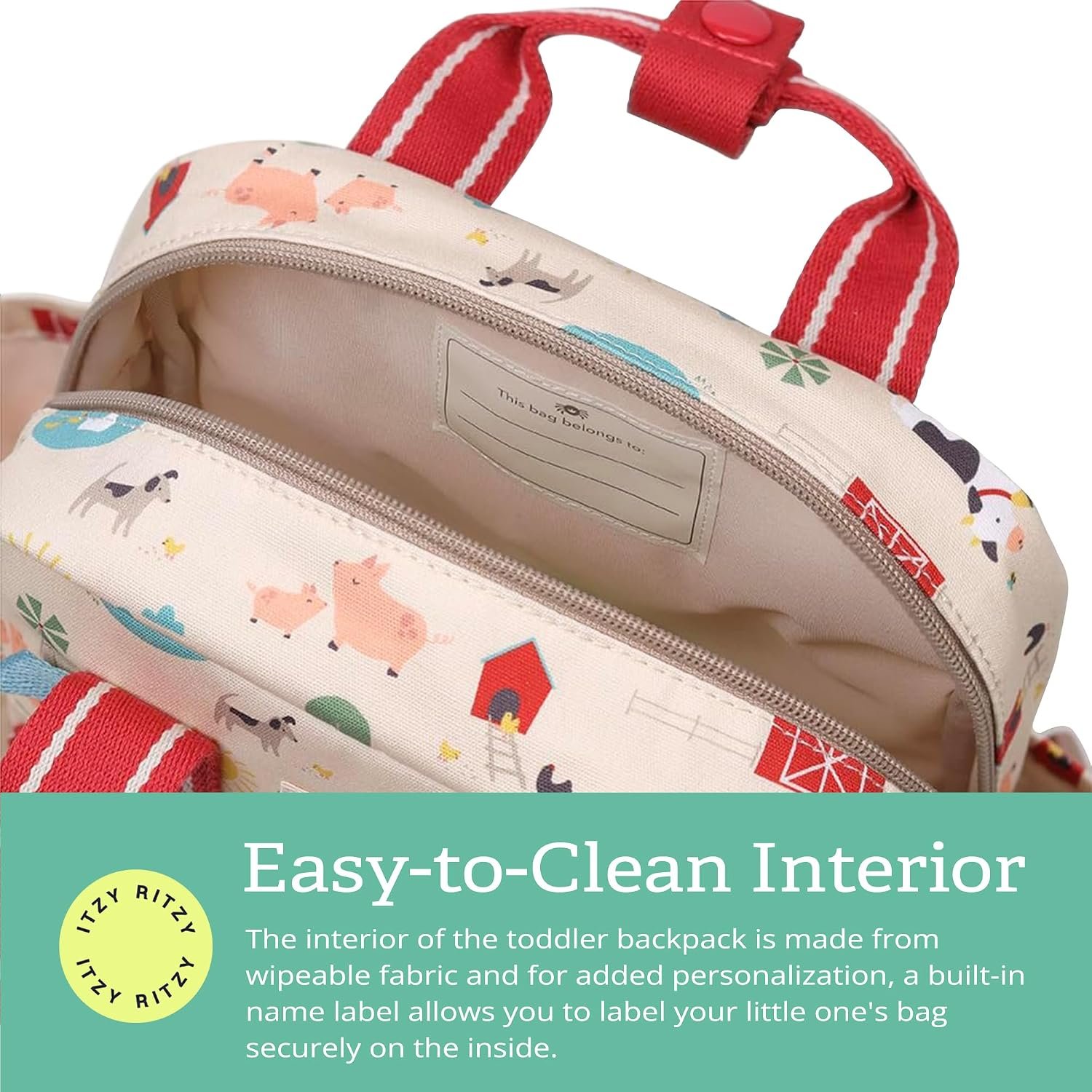 Itzy Ritzy Toddler Backpack, Baby Daycare Bag w/Spacious Interior (Farm) | Adjustable Straps, Wipeable Lining, 2 Side Pockets, Front Zipper, & Name Label - Keeps Essentials Organized for Daily Travel - Image 5
