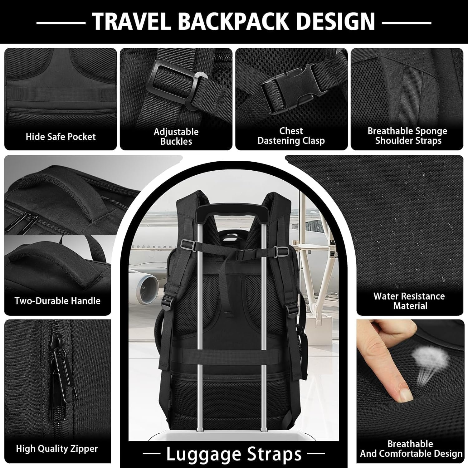 Travel Backpack with LifetimeWarranty,Expandable Carry on Backpack,Black | Expands 35L to 45L,Fits 17.3"Laptop Notebook,Water Resistant Weekender Backpack Business Trips Cable Access Port,Daily Travel - Image 7