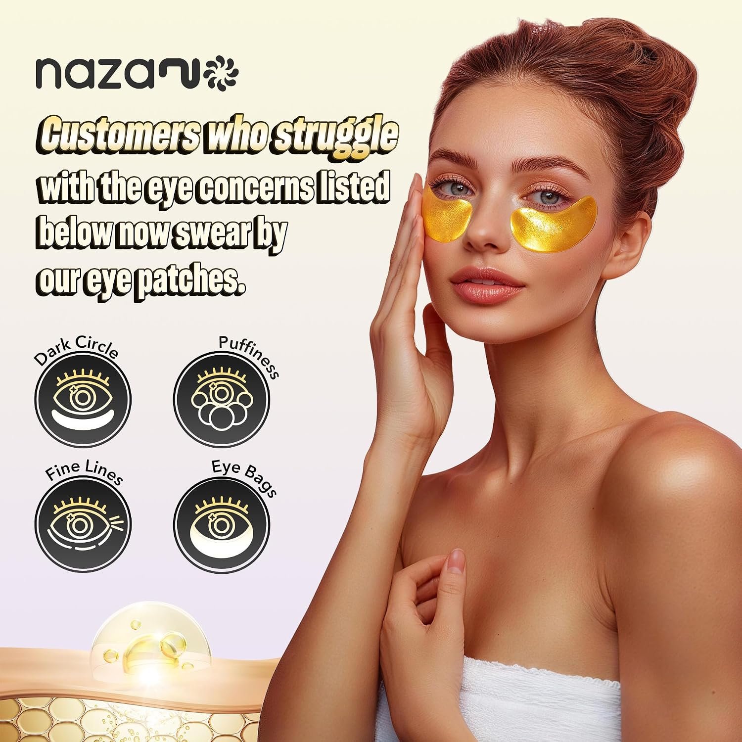 NAZANO 24K Gold Under Eye Patches - 60 Pack Eye Masks | for Puffy Eyes, Dark Circles, Bags & Wrinkles with Collagen & Hyaluronic Acid - Eye Care Pads for Daily Skincare (Gold) - Image 2