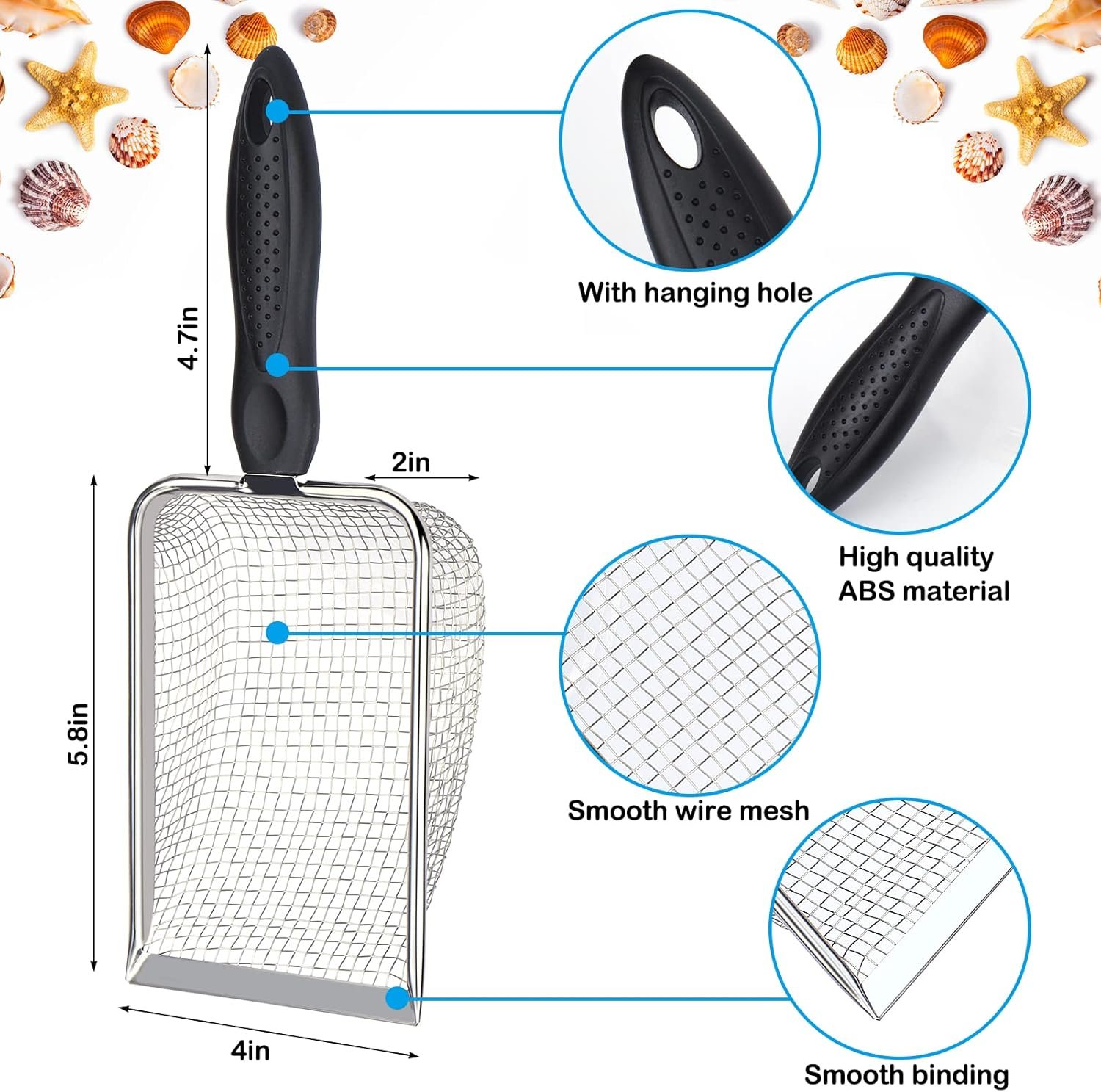 Vodolo Beach Mesh Shovel with Mesh Beach Bag for Shell Collecting, Kids Filter Sand Scooper for Picking Up Shells, Shark Tooth Sifter Dipper for Boys and Girls, Toy - Image 4