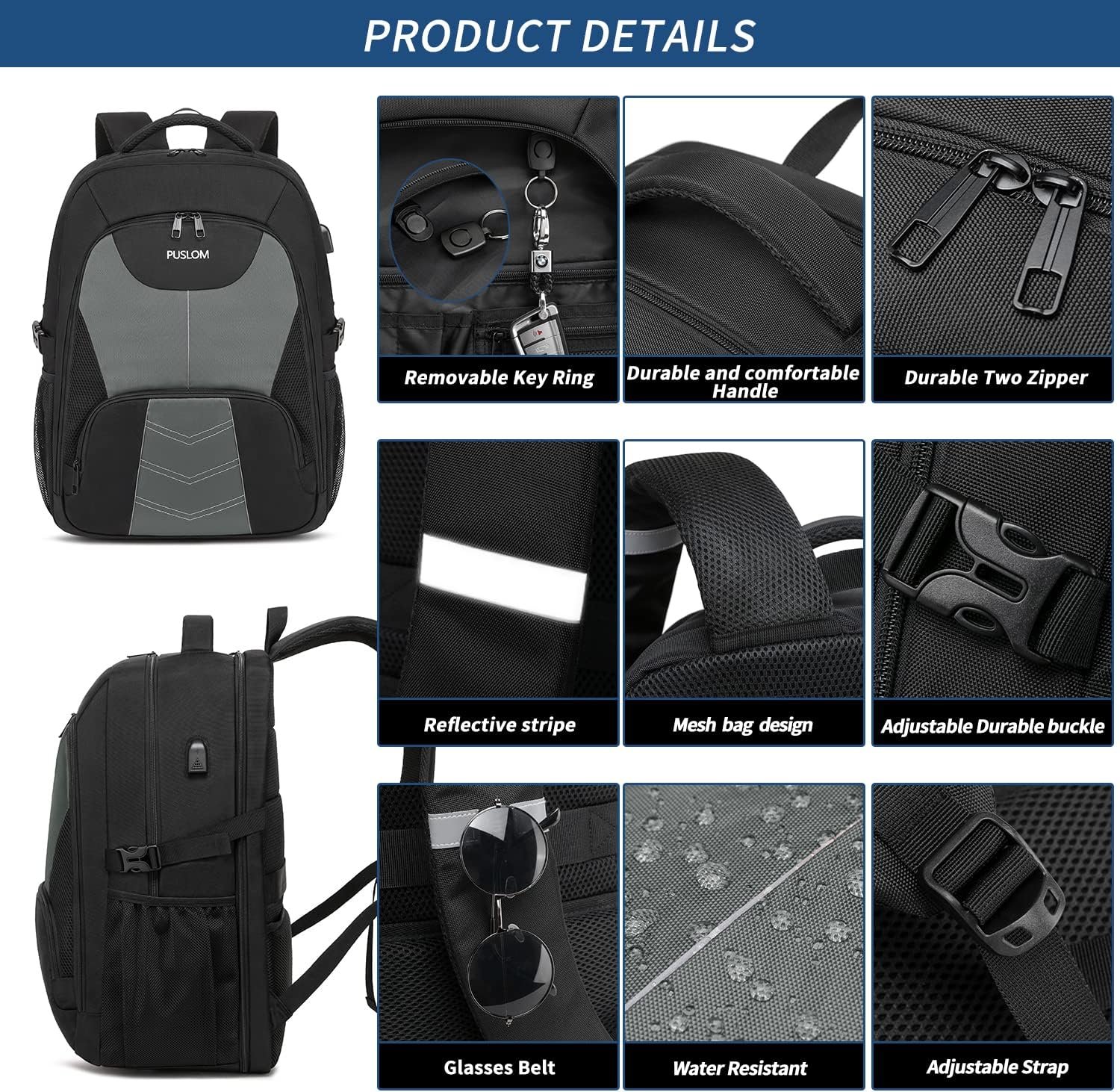 Extra Large Travel Laptop Backpack for Men 55L,Water Resistant 18.4 inch Big Business Laptop bags with USB Charging Port,TSA Friendly Anti Theft Computer Bag for Work College,Grey - Image 4