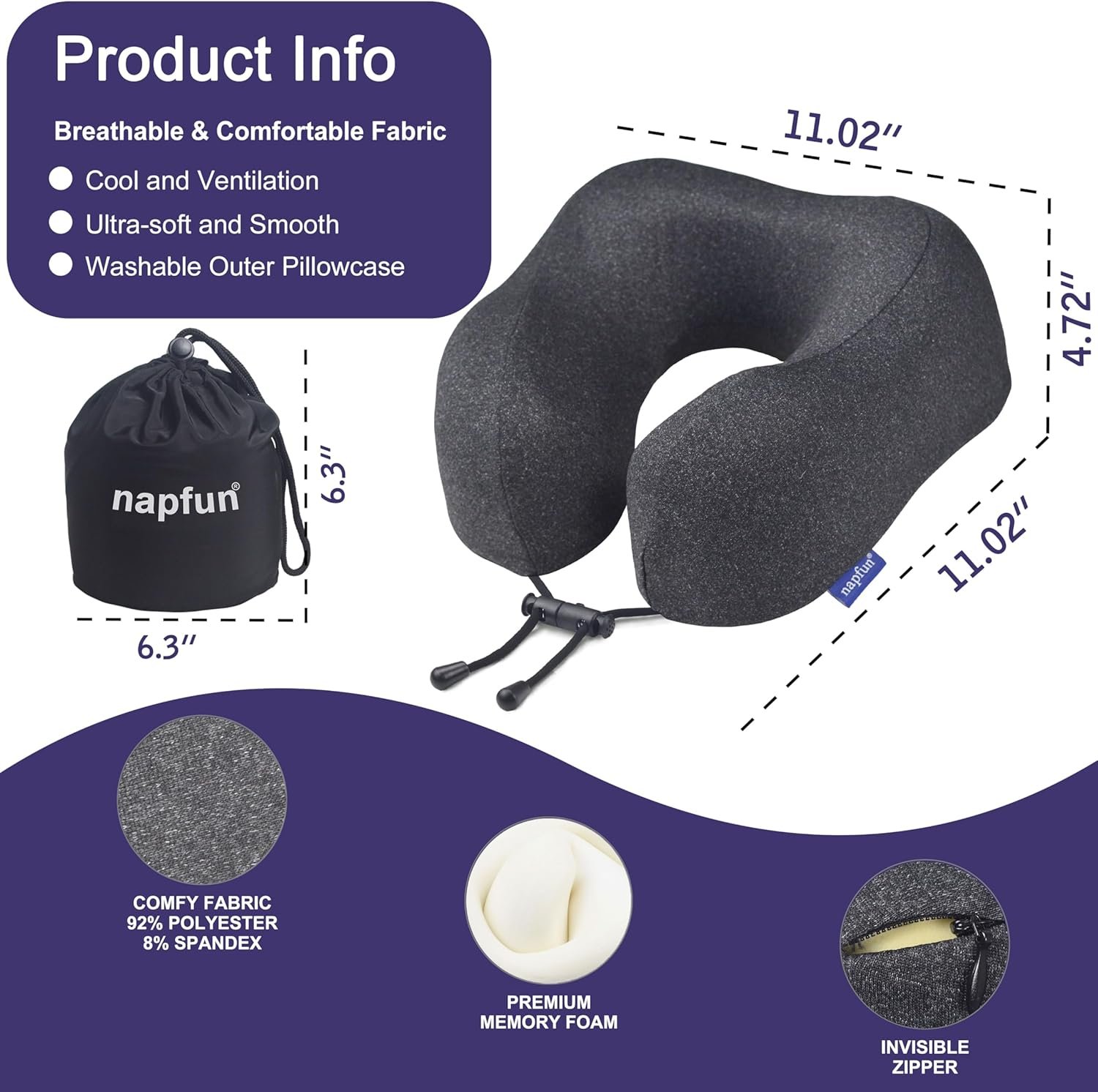 napfun Neck Pillow for Travel, Memory Foam Airplane Pillow, Full Black | 360° Neck Support, Upgraded 100% Memory Foam for Airplane, Car, Train, Bus, Office Sleep, Travel Essentials for Long Flights - Image 2