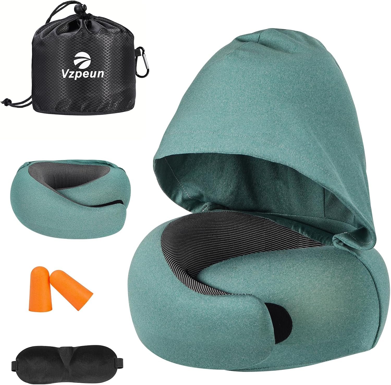 Travel Pillow - Hooded Neck Pillow Airplane Memory Foam Filling | for Plane, Office, Cars Sleeping, Road Trip, Long Flights Essentials, Includes Eye Mask & Earplugs (Green) - Image 6