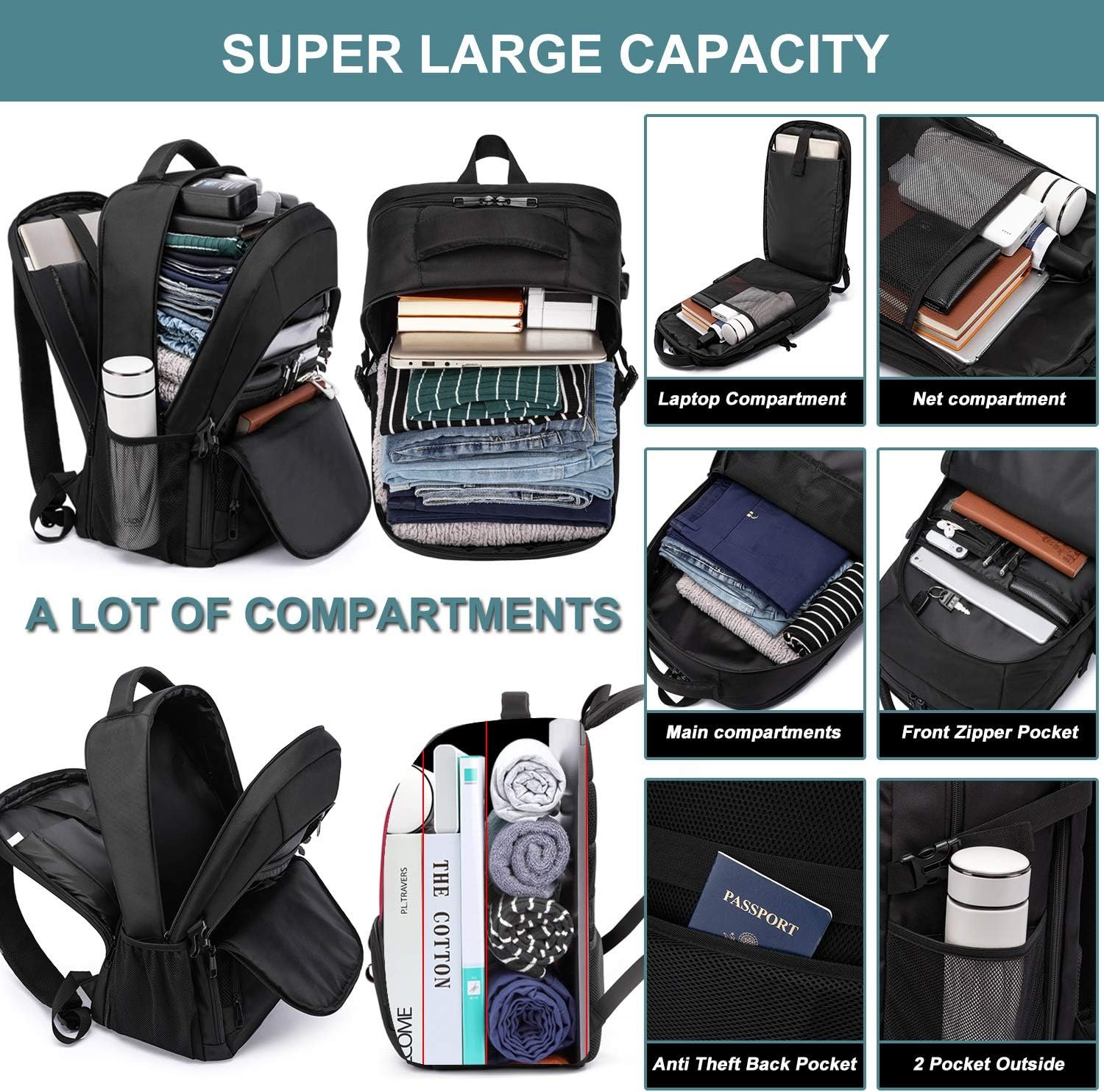 Extra Large Backpack for Men 50L,17inch Travel Backpack with USB Charging Port,TSA Big Business Anti Theft Durable Laptops Backpack,Water Resistant College Padded Computer Bag Gifts for Men Women,Grey - Image 3
