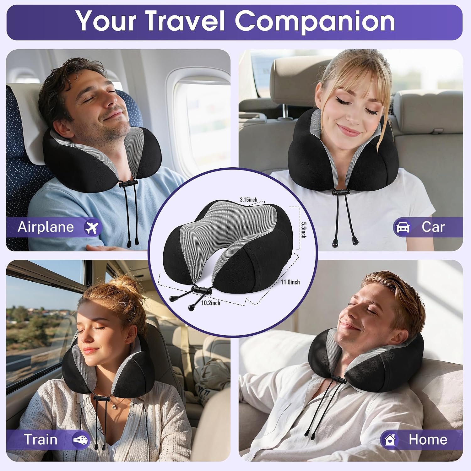 CloudBliss Neck Pillow for Airplanes, Memory Foam Travel Pillow, Black | Compact Flight Pillow with Eye Mask, Earplugs, Carry Bag, Travel Neck Pillow for Long Flight Sleep, Plane Travel Essentials - Image 7