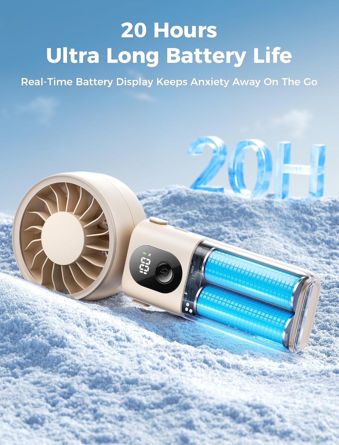 Aecooly Mighty Portable Handheld Fan | 20H Max Cooling | 3 Flexible Modes | 5 Speeds Wind | Battery Level Display | Mini USB Rechargeable Personal Battery Powered Fan Travel Gifts for Women -Beige - Image 6