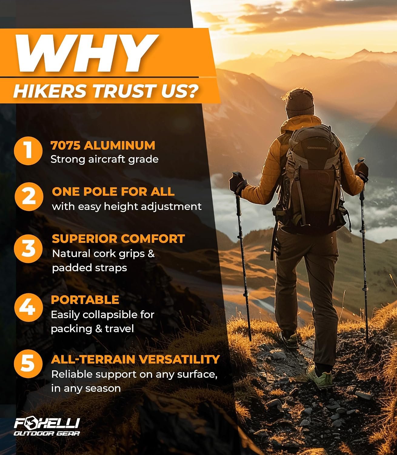 Foxelli Trekking Poles – Lightweight Collapsible Aircraft Grade Aluminum Hiking Poles with Cork Grips Quick Locks & All-Terrain Accessories – Pair of 2 - Image 2