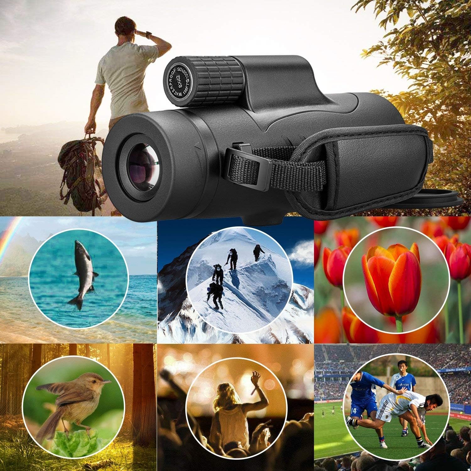 Monocular Telescope High Power 8x42 Monoculars Scope Compact Waterproof Fogproof Shockproof with Hand Strap for Adults Kids Bird Watching Hunting Camping Hiking Travling Wildlife Secenery - Image 3