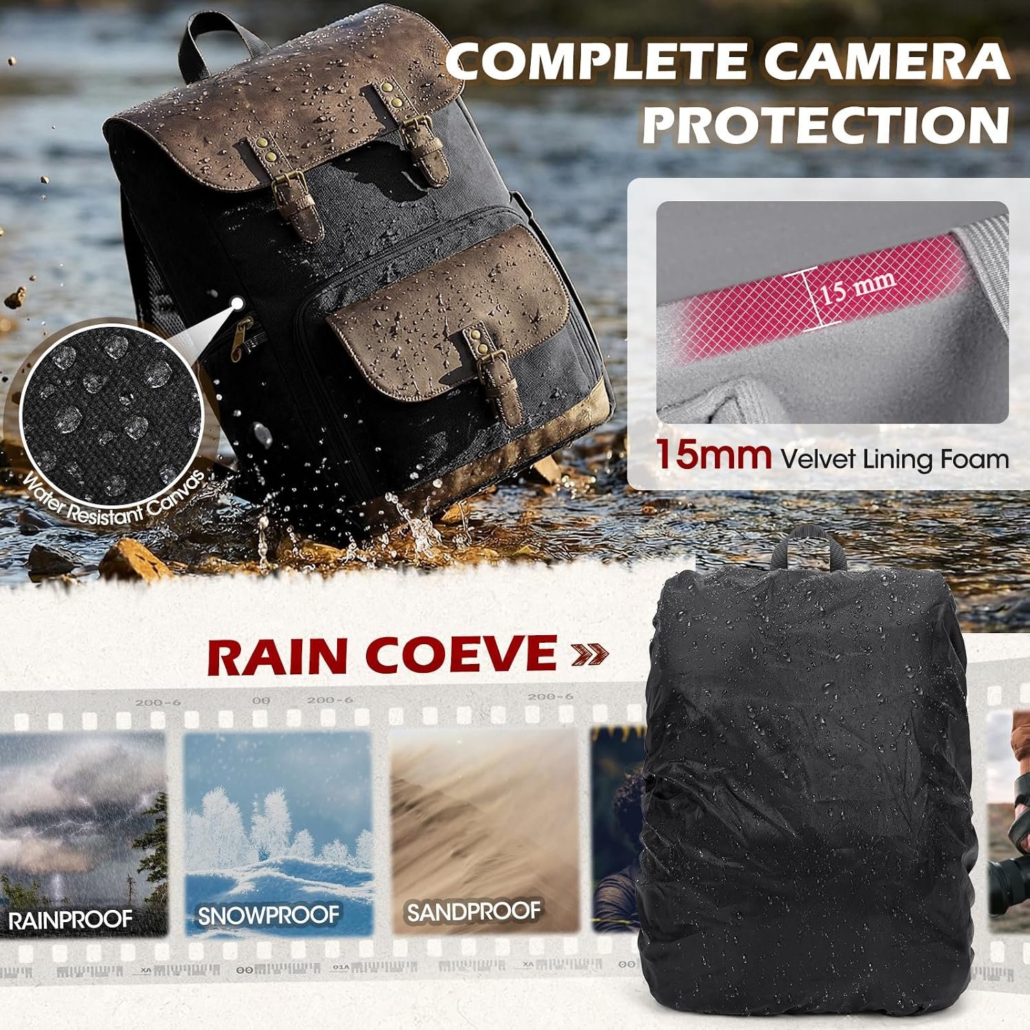 RAINSMORE Vintage Camera Bag with Side Access for DSLR/SLR Mirrorless | 25L Waterproof 15.6 Inch Laptop Photography Backpack with Rain Cover & Tripod Holder Anti-theft Camera Bags for Photographers - Image 5