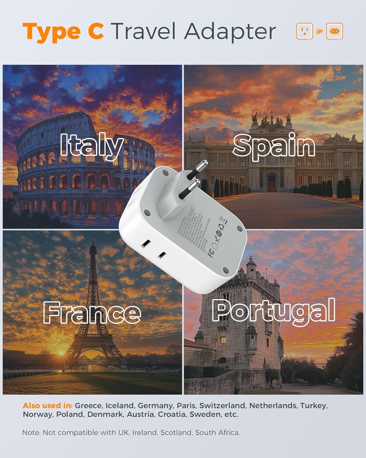 TESSAN 2 Pack European Travel Plug Adapter, Europe Power Converter | 4 Outlets 3 USB (1 USB C PD 20W), Type C International Plug, For Italy Spain France Portugal Iceland Germany - Image 2