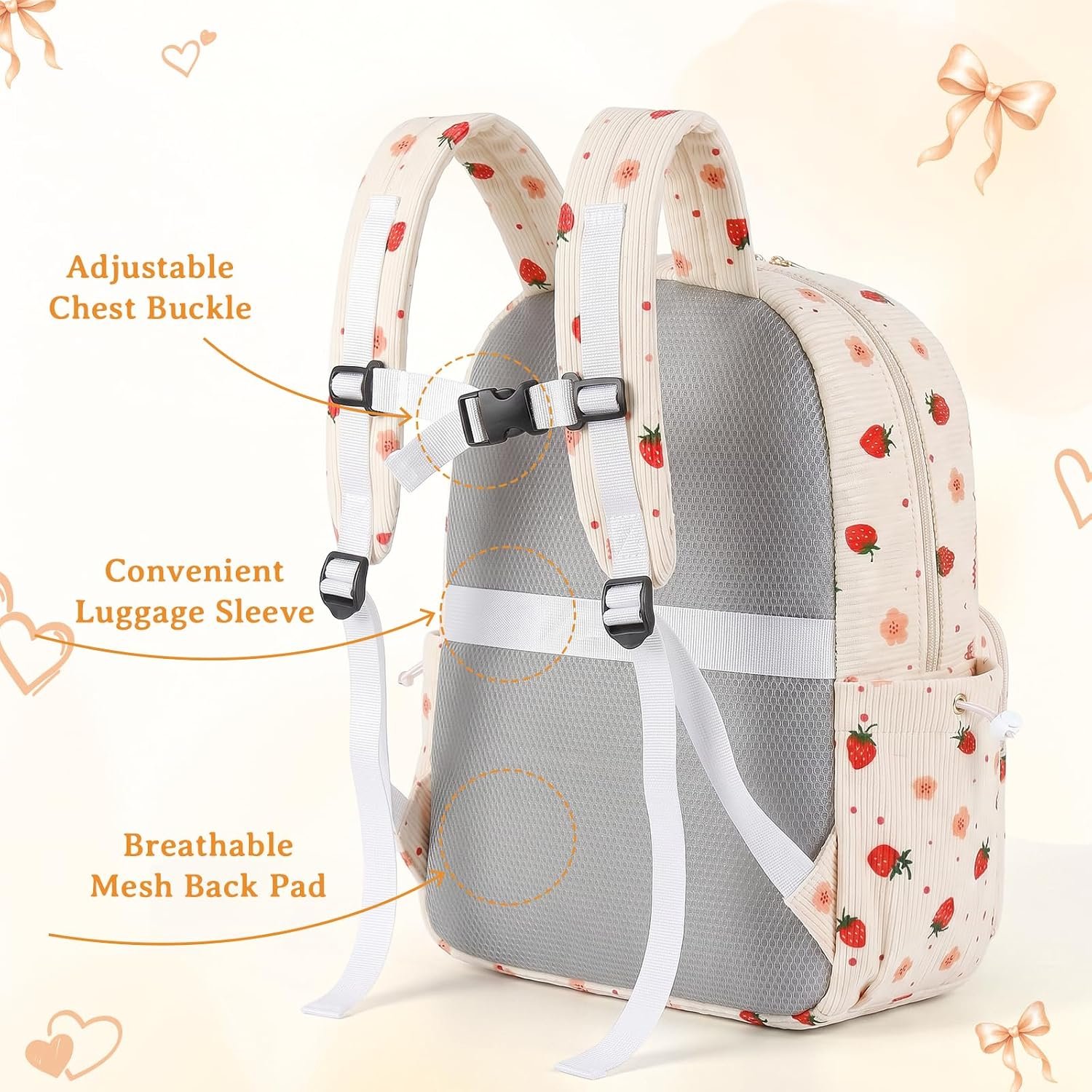 Corduroy Girls Backpack Set，Cute School Backpack for Teens Girls Kids Bookbags for Elementary High School Women Laptop Bags Daypacks Set With Lunch Bag and Pencil Case (Beige Strawberry, 3 Set) - Image 5