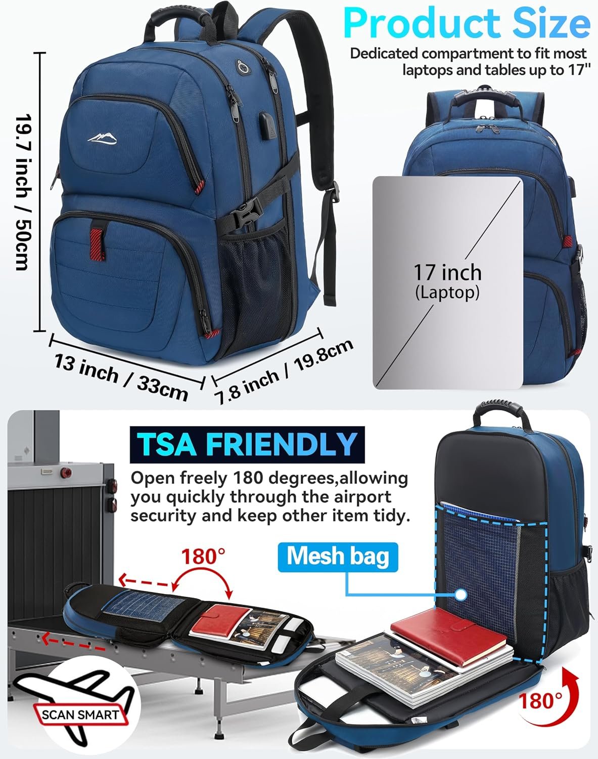 ProEtrade Travel Backpack, Extra Large Laptop Backpack Business Anti Theft TSA Approved College Work Computer Bag Fits 17 Inch Laptop with USB Charging Port for Women Men(Blue) - Image 2