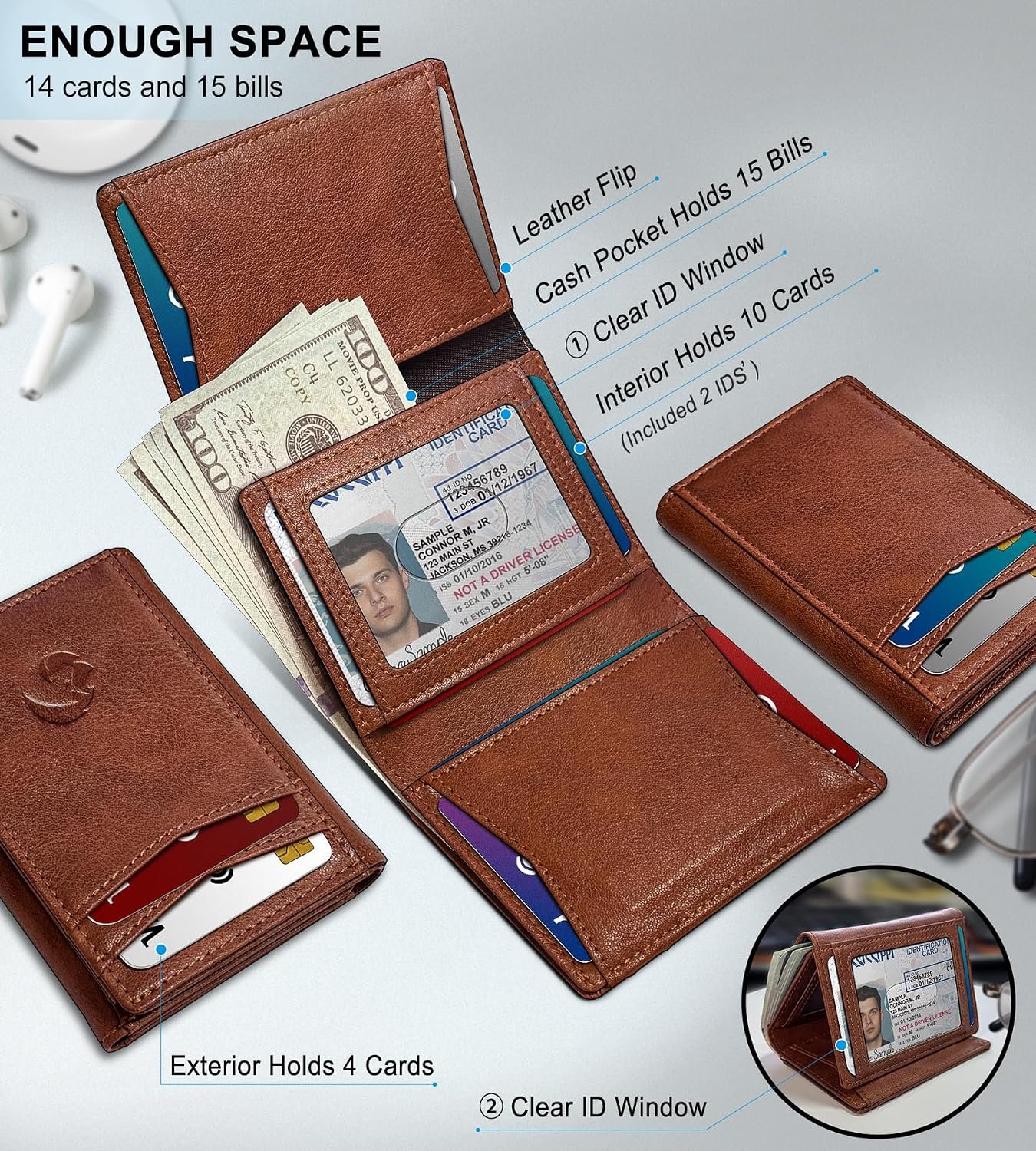 Trifold Wallet for Men - RFID Blocking Leather Slim Wallet with Magnetic Closure, 12 Card Slots, 2 ID Windows & Cash Pocket, Ideal Gift for Him, Daily Carry - Image 2