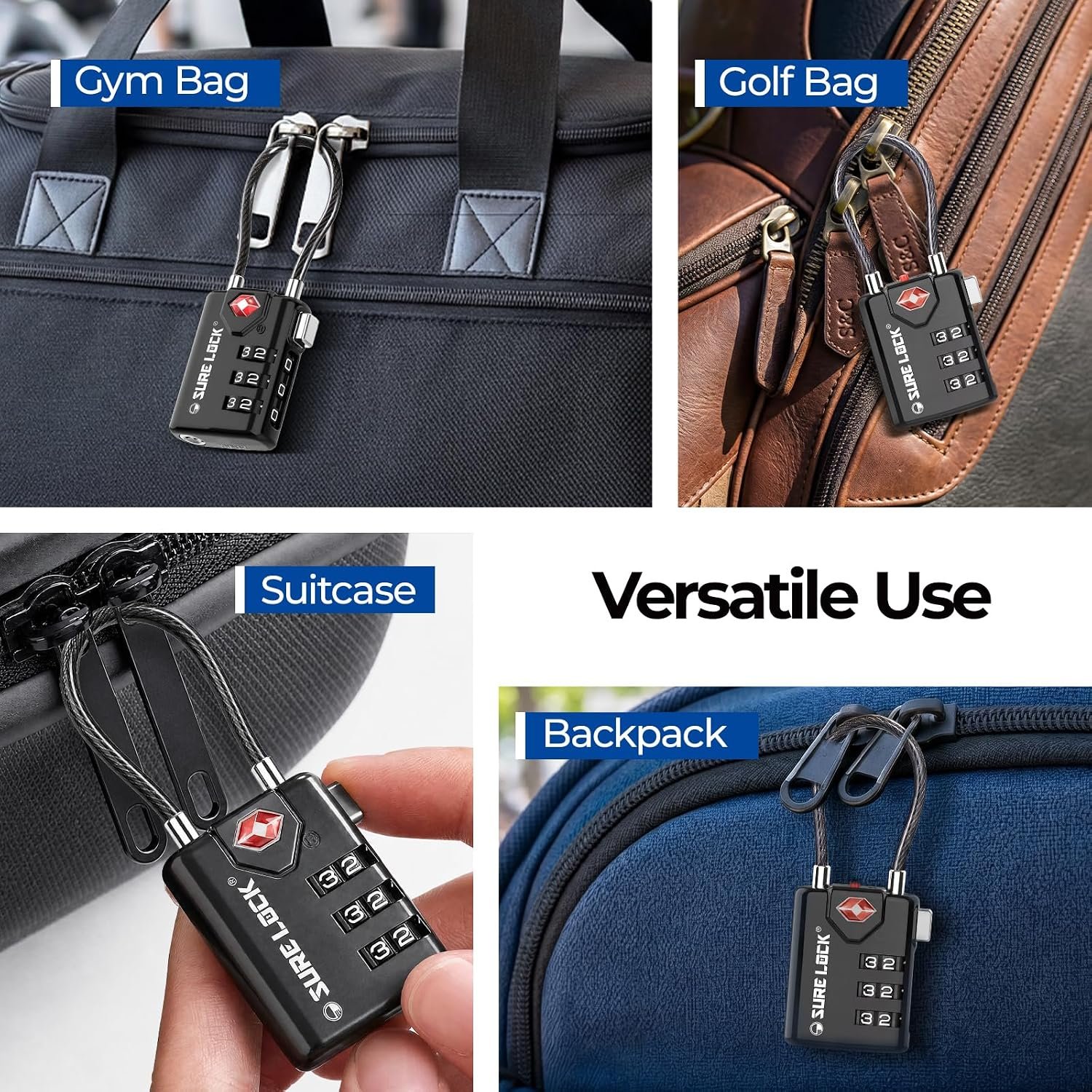 SURE LOCK TSA Approved Luggage Locks with Open Alert Indicator, 3 Digit Combination Cable Travel Lock for Suitcase, Backpack & Travel Bag, 2 Pack Black - Image 6