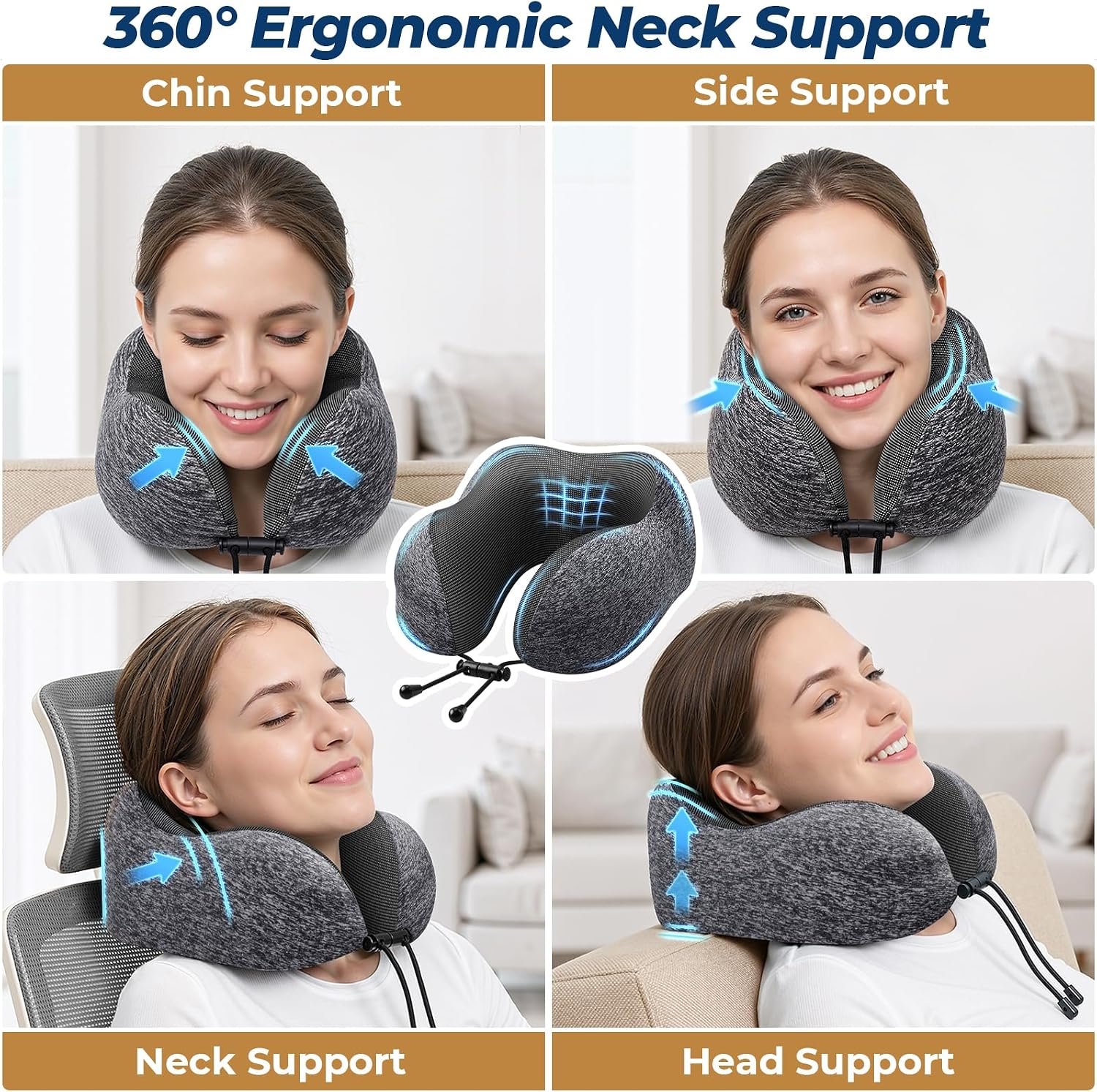 ExploreBliss Travel Pillow, Memory Foam Neck Pillow Airplane, Grey | Travel Pillows for Airplanes, Neck Pillow Airplane, Memory Foam Neck Pillow Set with Eye Mask, Earplugs - Image 4