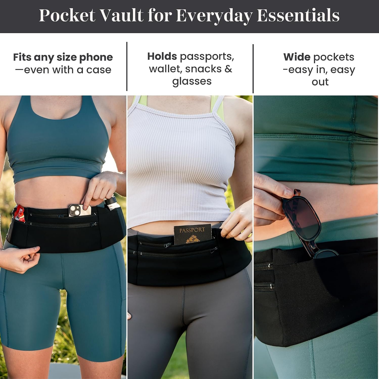 Running Belt Money Belt, 3 Large Zippered Pockets | Fanny Pack - Adjustable No-Bounce, 1 Waterproof Pocket, Water Bottle Holder, Key Clip, Fits Phone, Passport & More - Image 2