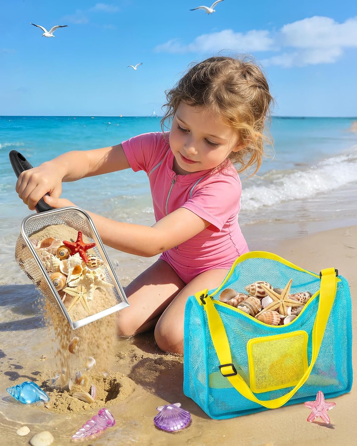 Beach Toys for Kids 24 Pcs Metal Sand Sifter Collapsible Beach Buckets Set | Stainless Steel Sand Shovel, Sandcastle Building Kit with Mesh Bag, Travel Sand Toys for Toddlers Age 3-10 - Image 6