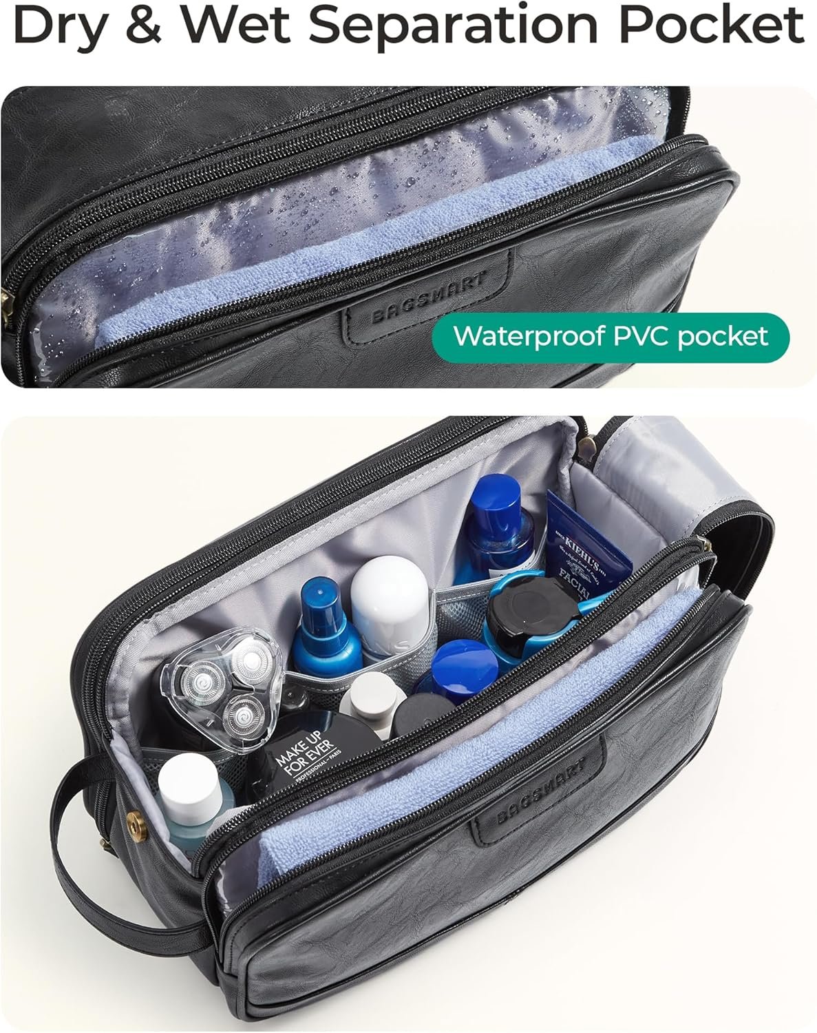 BAGSMART Medium Toiletry Bag for Men, PU Leather Water Resistant, Black | High-gloss, Travel Bag for Toiletries, Dopp Kit, Shaving Bag for Bathroom Shower - Image 4