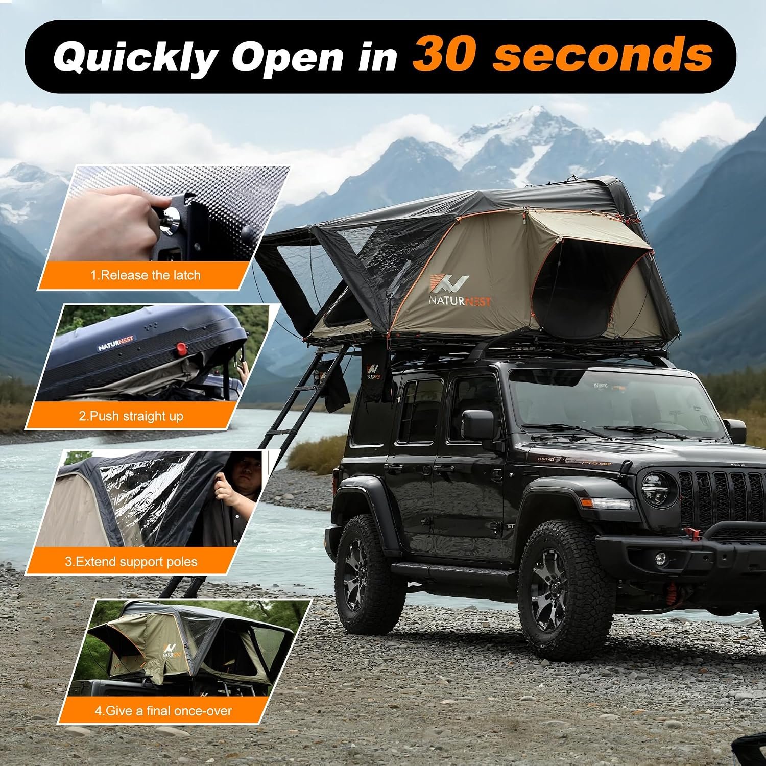 Naturnest Rooftop Tent Hard Shell with Annex Room, Easy Set Up Large Tent for 2-3 Person Camping, Waterproof 4 Season Tents for Truck, Jeep, SUV, Van, Trailer - Sirius 1 with Annex Room - Image 7