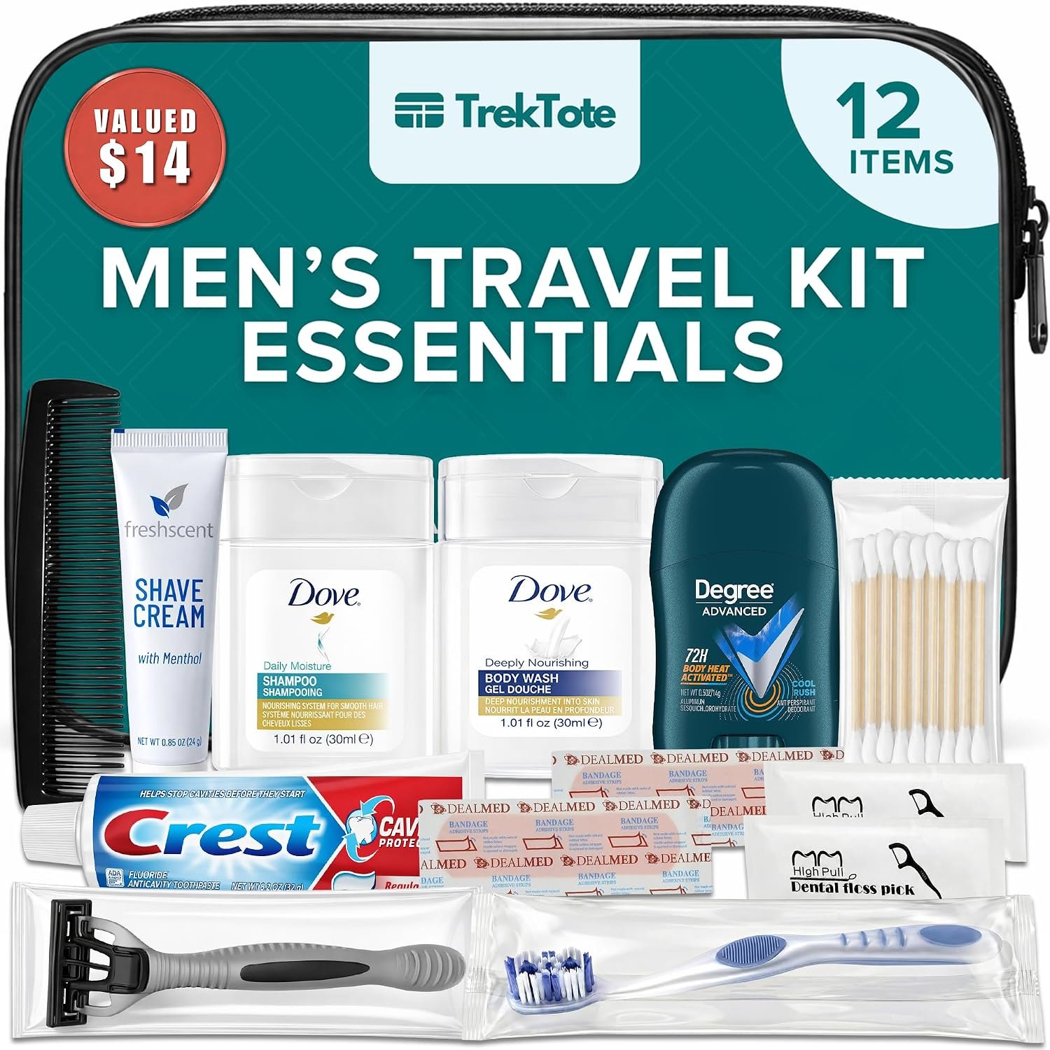 12-Piece Men’s Travel Toiletry Kit – Premium Brand-Name Travel Toiletries | TSA Approved Travel Essentials with Shampoo, Body Wash, Shaving Cream, Deodorant & Oral Care in Clear Bag