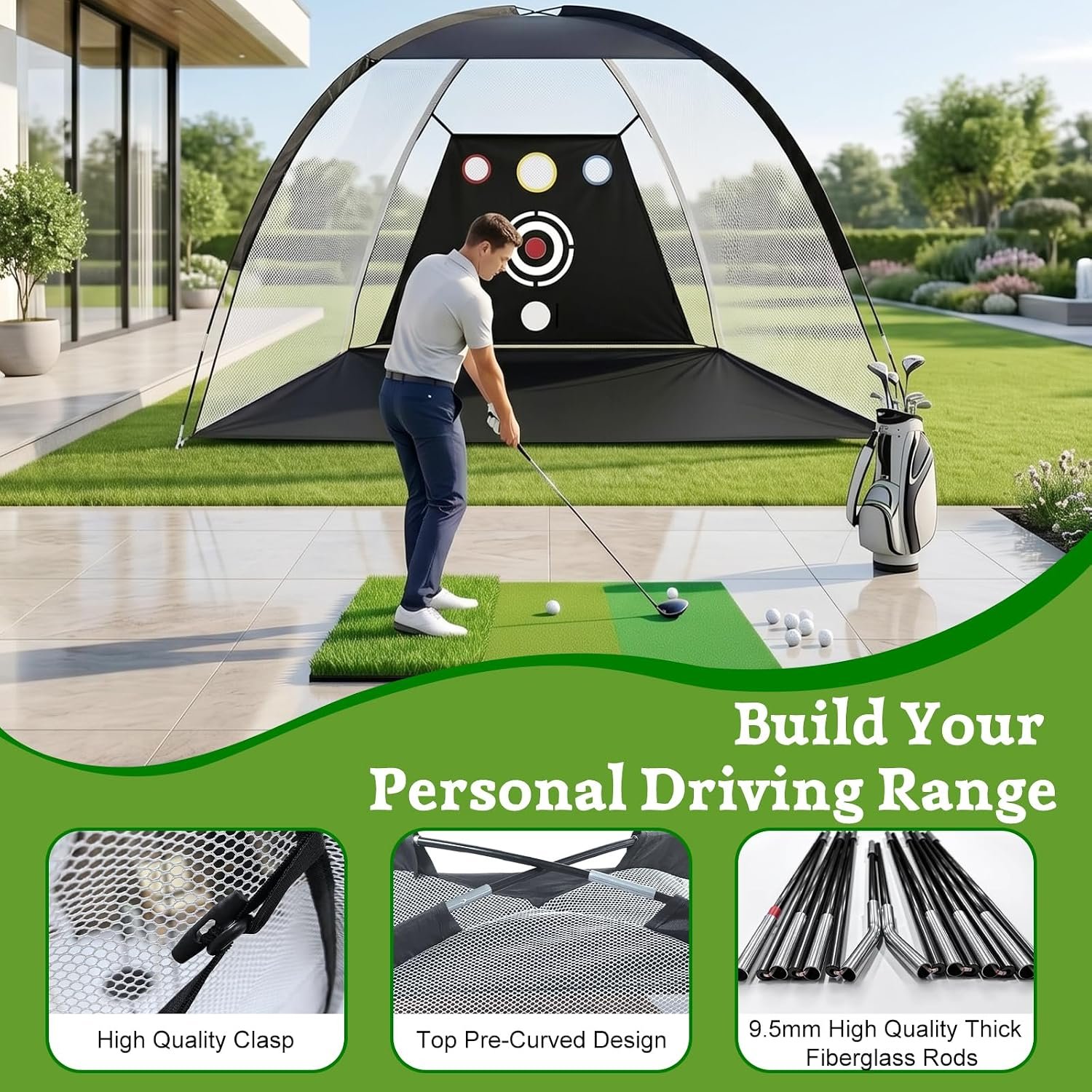 Golf Net, Dikutar 10x7ft Practice Bundle with Tri-Turf Mat & 4-Targets | Durable 420D hitting cages for backyard driving and swing training. Includes 5 balls, tee, and carry bag. Gifts for men. - Image 7