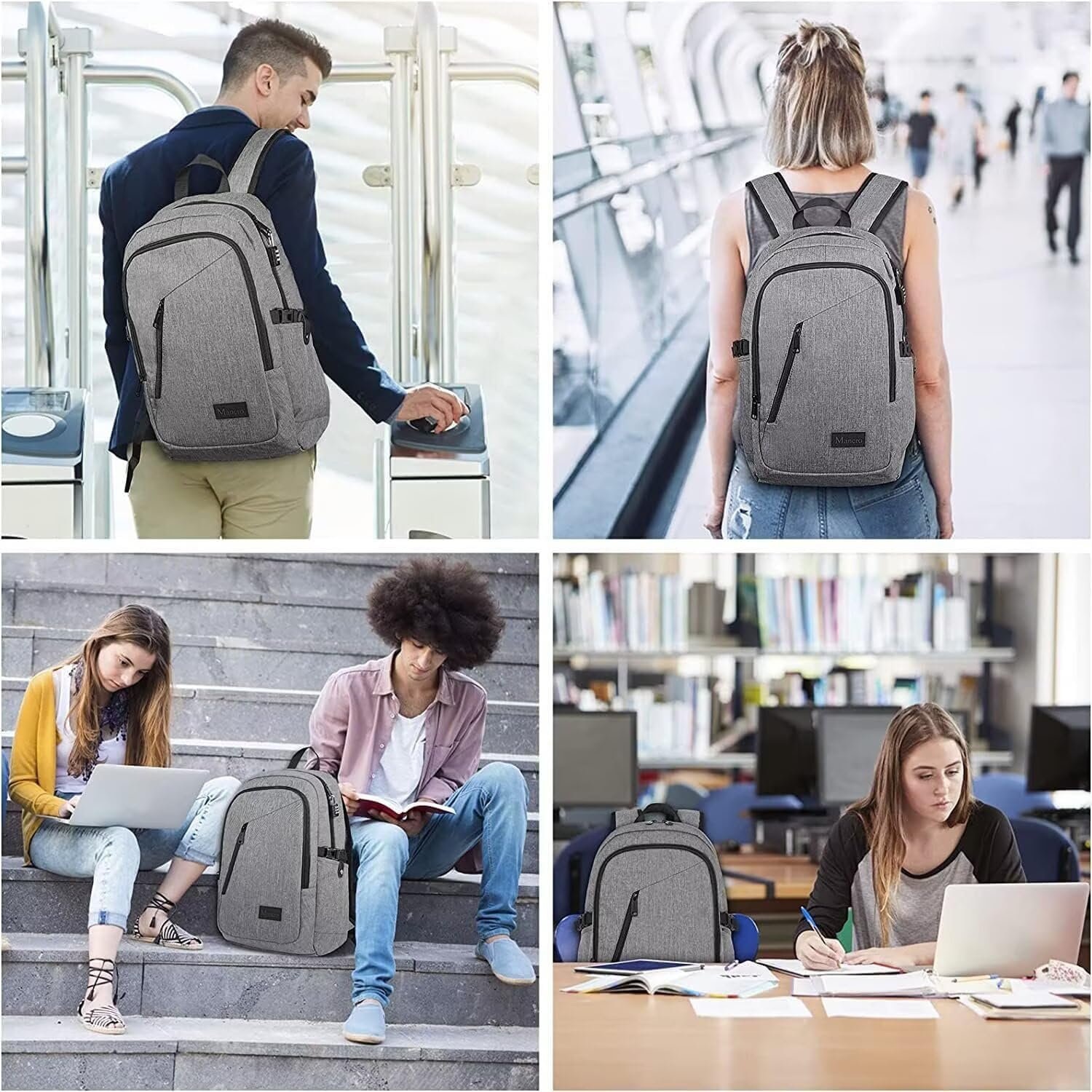 Mancro Laptop Backpack for Travel, Anti-theft Business Backpack for Men | Water Resistant Work Daypack with Lock, Travel Computer Bag with Laptop Compartment Fits 15.6 Inch Laptop for Men Women, Grey - Image 4