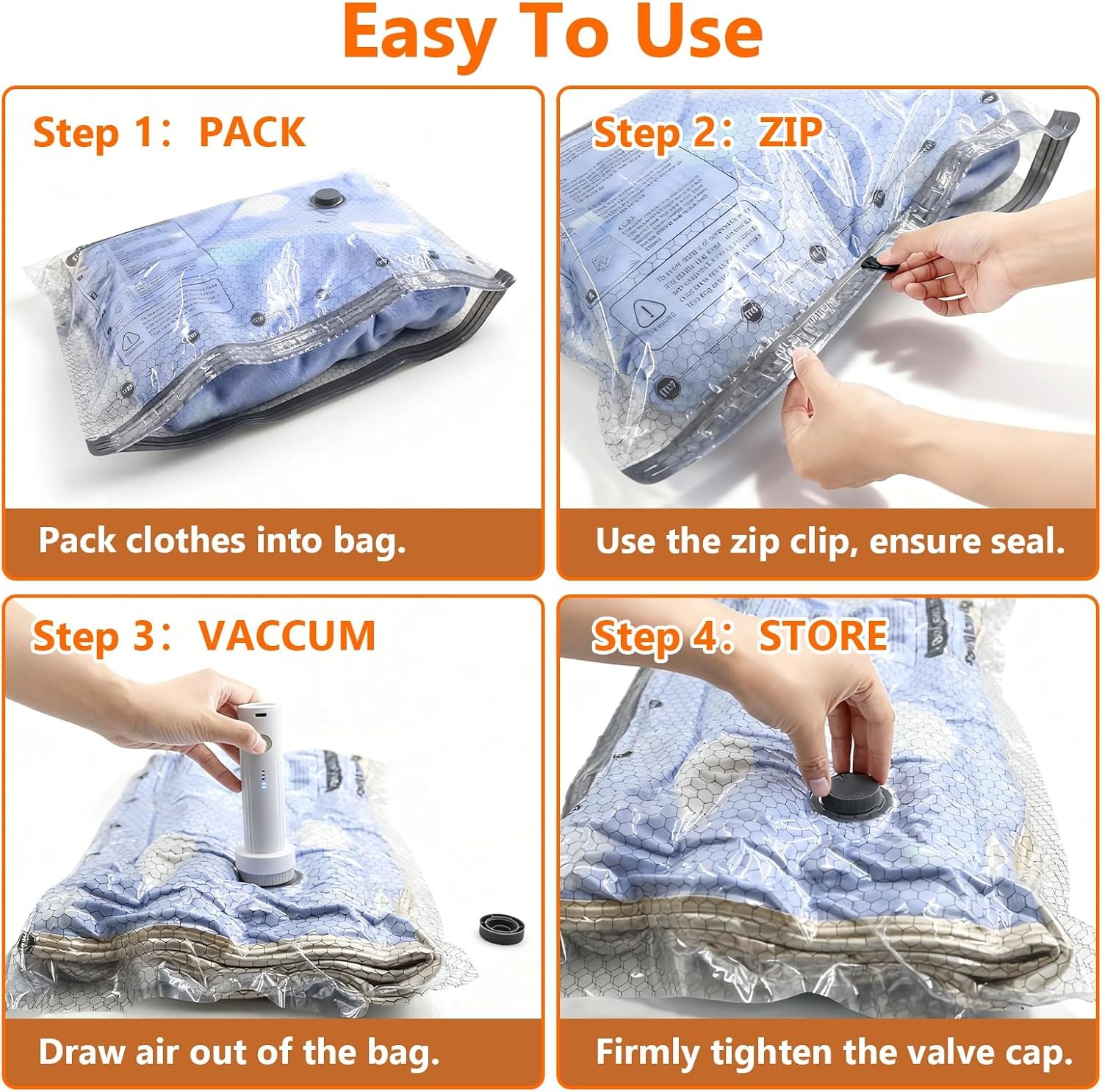 15 Pack Travel Vacuum storage Bags with USB Electric Pump | Vacuum Seal Bags for Clothing - Space Saver for Clothes,Compression Travel Packing Bags for Luggage and Suitcase - Image 4