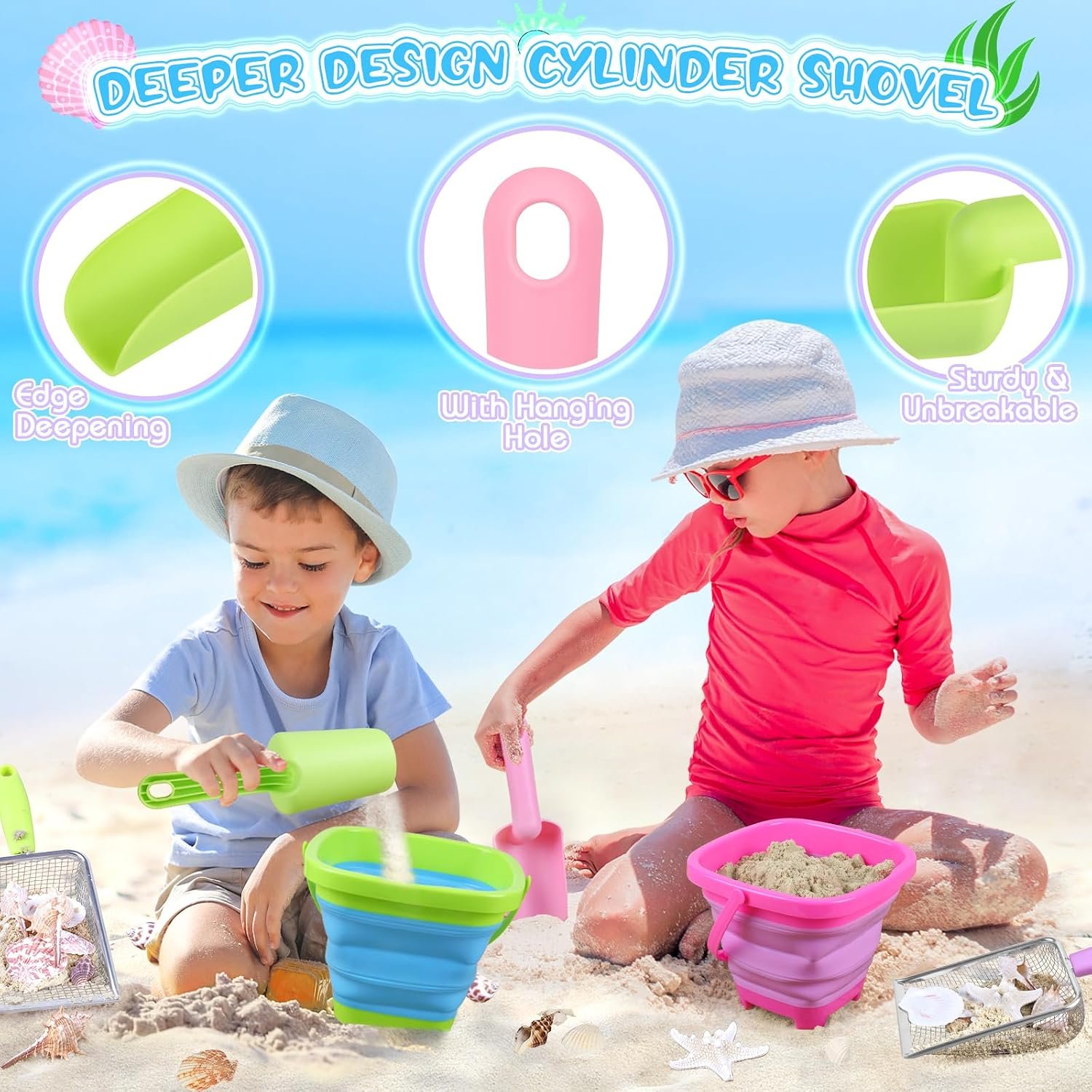 FHOZGECY 2 Pack Beachcombing Kit with Sifters for Beach Vacation Essentials | Collapsible Buckets, Stainless Mesh Sifters, Scoops and Mesh Bags for Shelling, Outdoor Exploration Play for Kids Ages 3-12 - Image 4