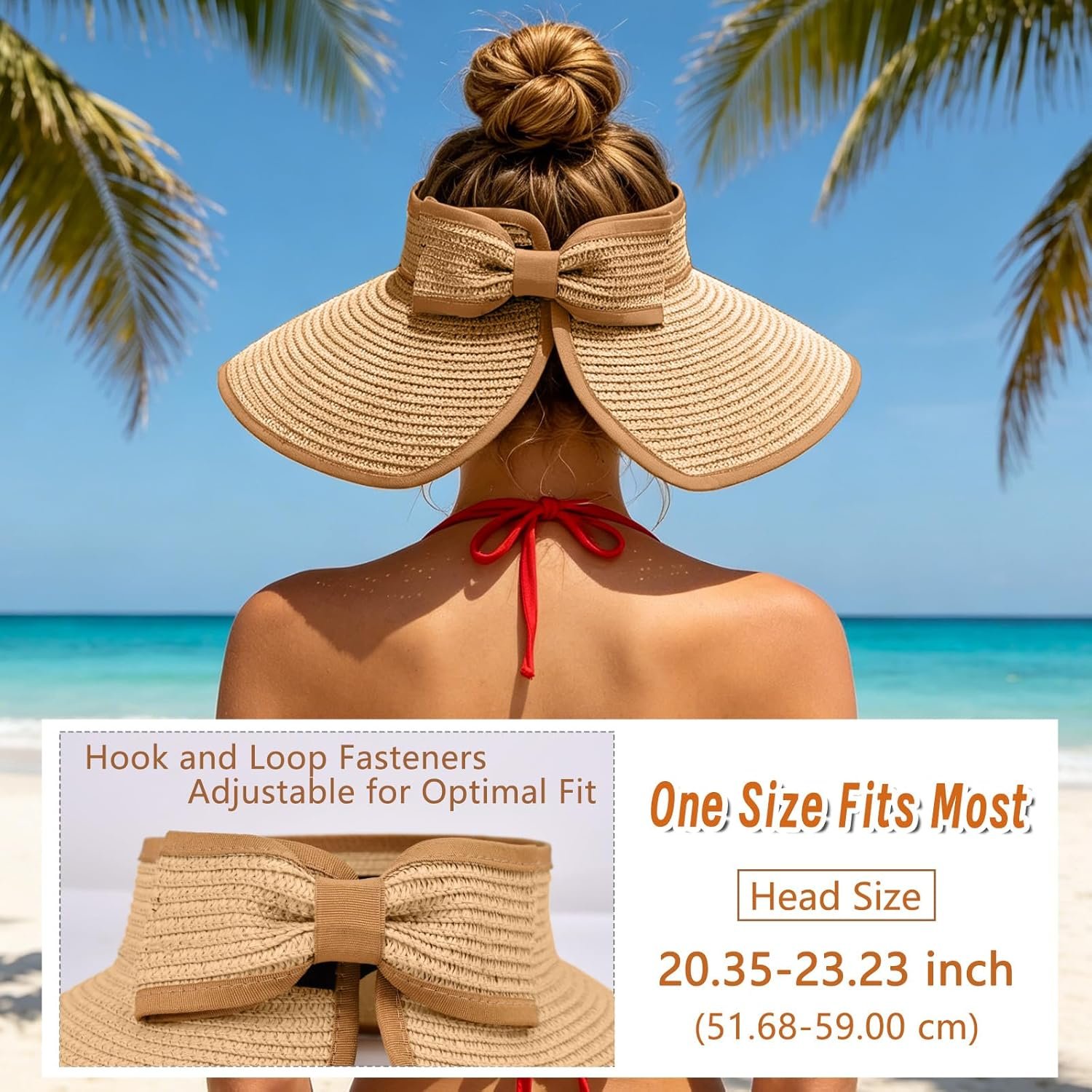 Sun Hats Visor for Women, UV UPF Straw Beach Hat Foldable Wide Brim Ponytail Summer Hats Packable Travel - Image 3