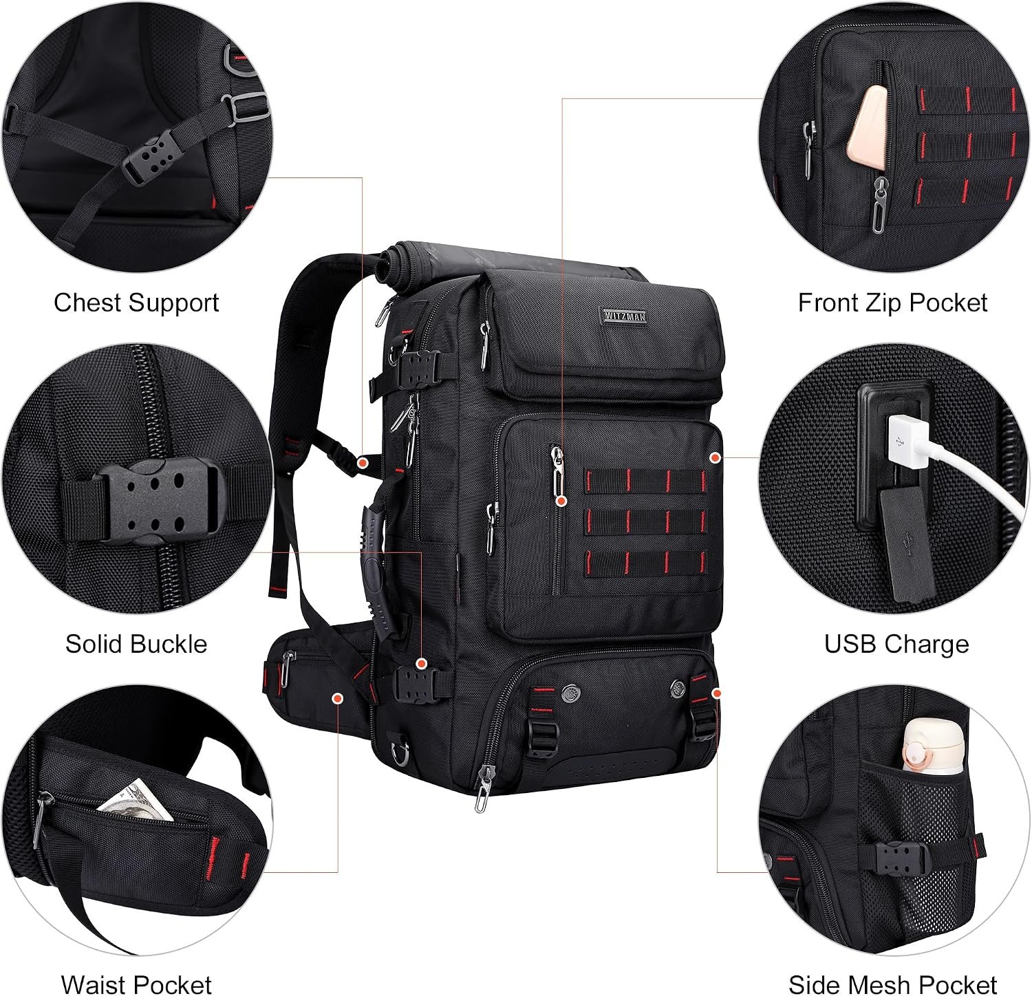 WITZMAN Carry on Travel Backpack for Men Airline Approved Fits 16" Laptop | Nylon 3 in 1 Luggage Duffle Bag with USB Charging Port, Shoe Compartment, For Weekend Getaway, Overnight Trip, B682 Black - Image 8