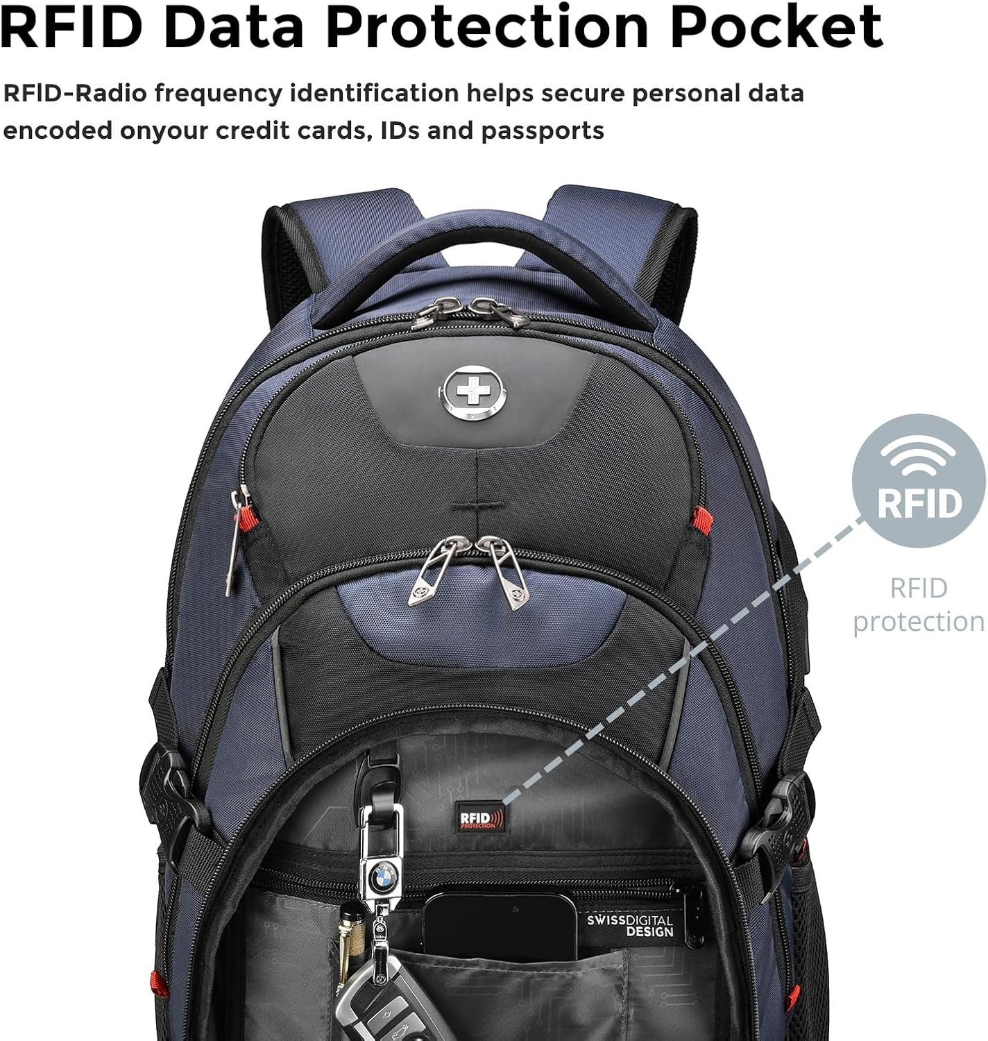 Swissdigital Design Laptop Backpack with USB Charging Port, Travel Backpack Fits 15.6 inches Computer, 31l College School Backpack for Men, Blue/Black | SD803-12 - Image 4