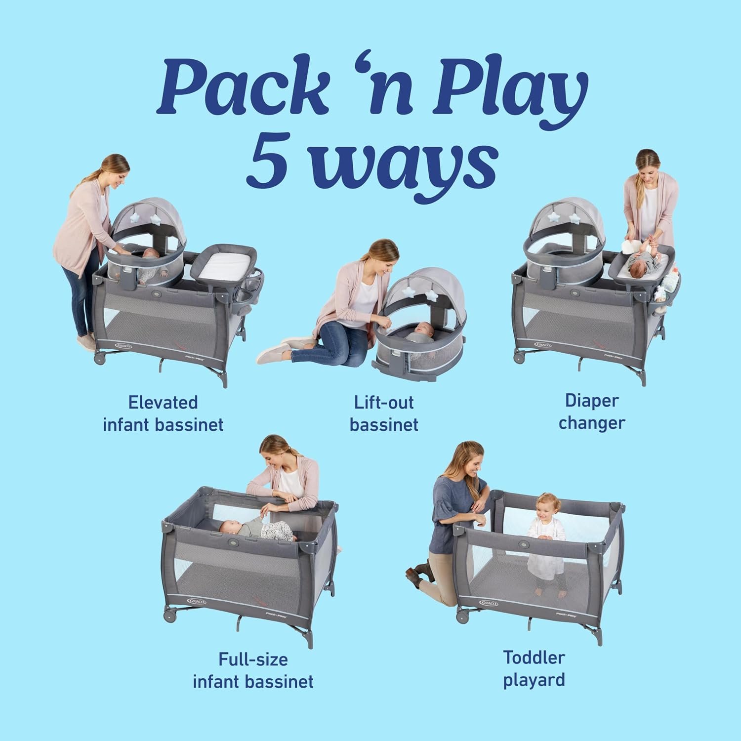 Graco® Pack n Play Dome LX Playard with Baby Bassinet Lightweight Portable Crib Push-Button Fold Travel Crib Redmond Convertible - Image 2