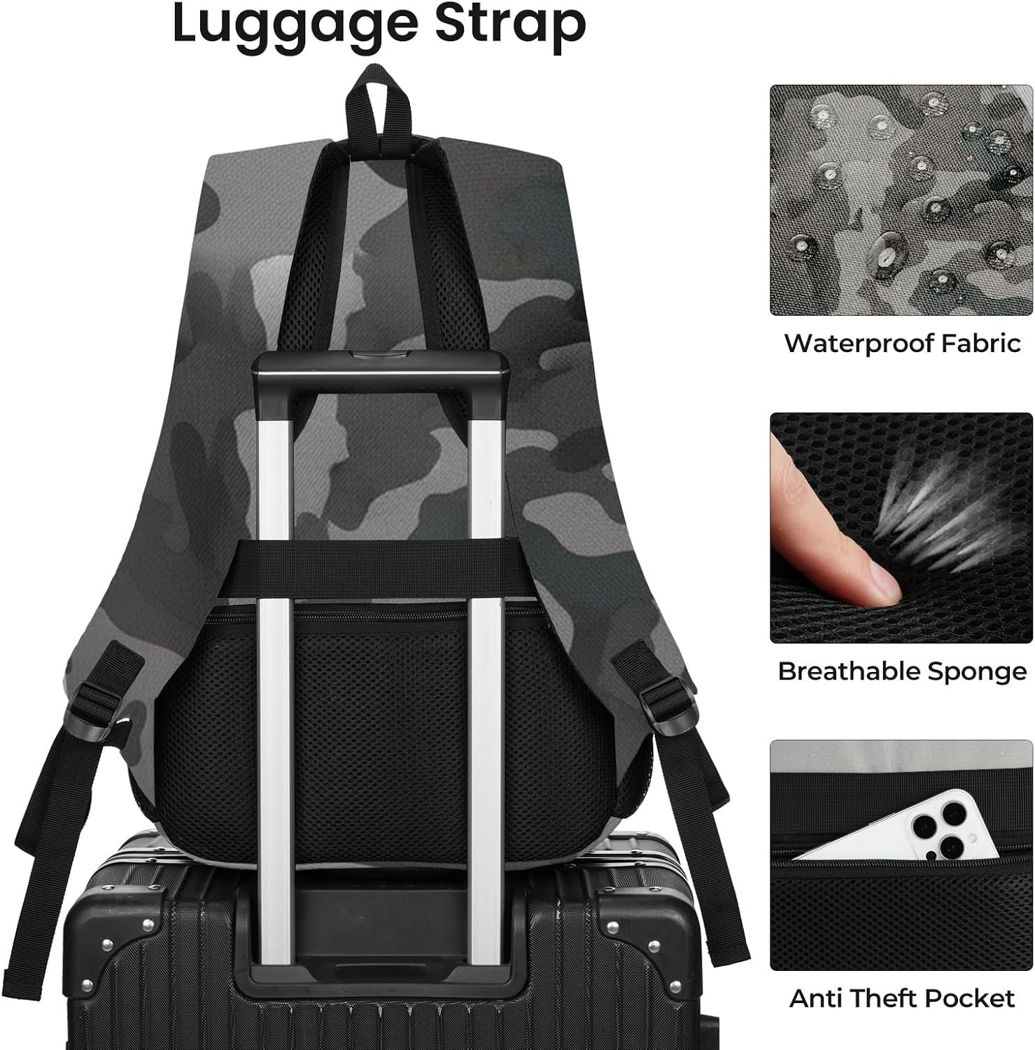 YAMTION Laptop Backpack for Men, Black Backpack, School Backpack for Boys and Girls, Bookbag, Work Backpack (Black Camo, 15.6 inch) - Image 5