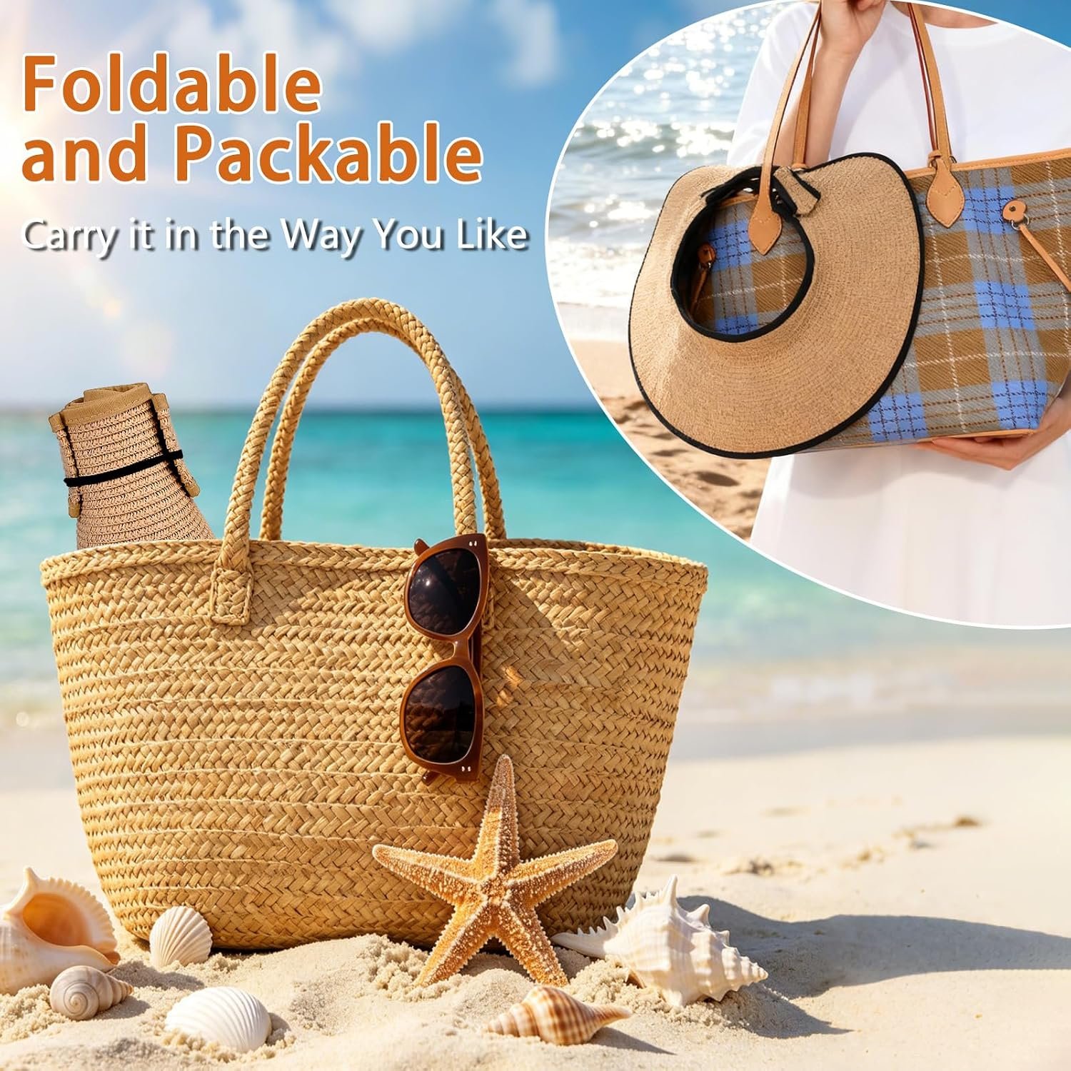 Sun Hats Visor for Women, UV UPF Straw Beach Hat Foldable Wide Brim Ponytail Summer Hats Packable Travel - Image 6