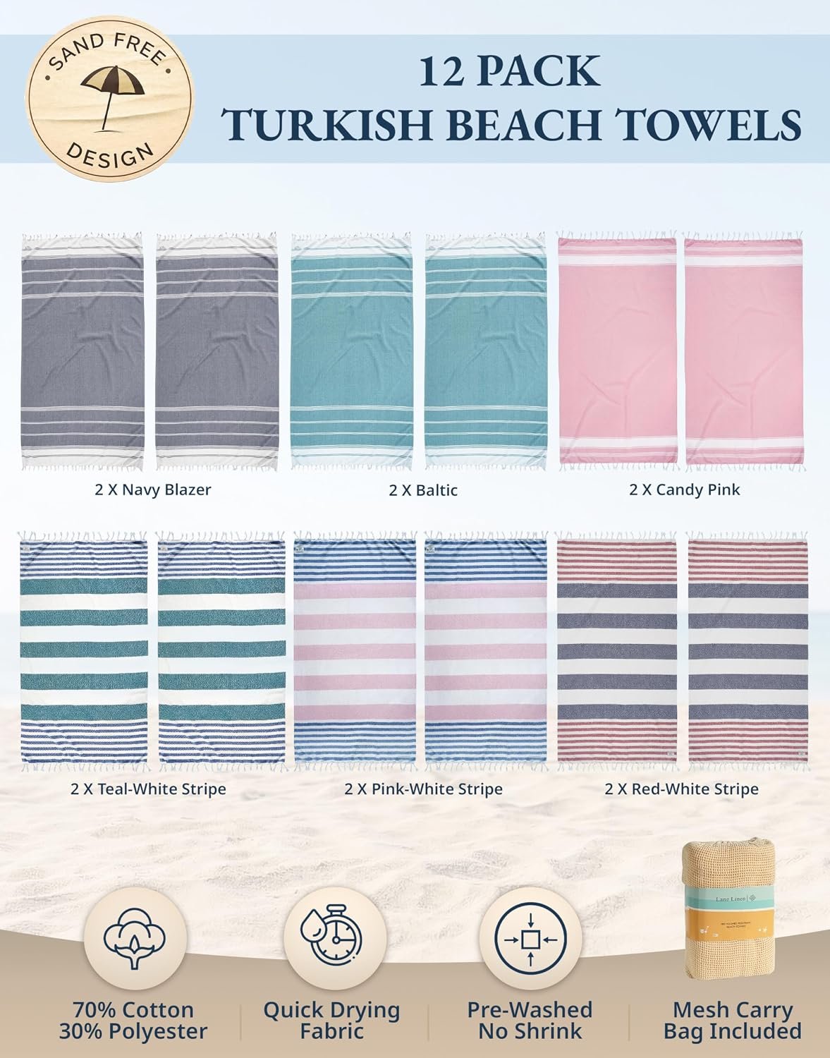 LANE LINEN Beach Towels 12 Pack, Super Absorbent, XL - Seaside Symphony | Oversized & Pre-Washed Large Beach Towel Set - Stylish Pool Towels for Adults - Quick Dry, 39"x71", Vacation Essential, Soft - Image 2