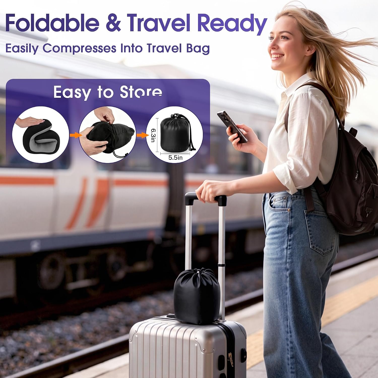 CloudBliss Neck Pillow for Airplanes, Memory Foam Travel Pillow, Black | Compact Flight Pillow with Eye Mask, Earplugs, Carry Bag, Travel Neck Pillow for Long Flight Sleep, Plane Travel Essentials - Image 3