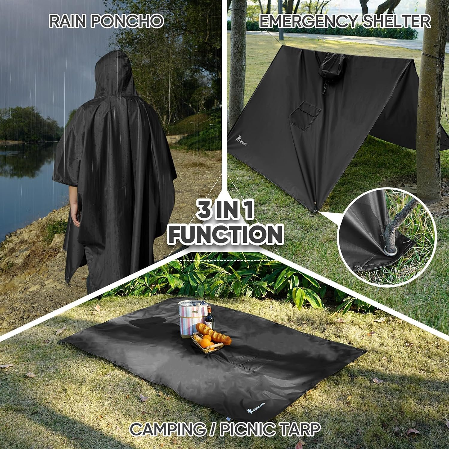 PTEROMY 3-in-1 Hooded Rain Poncho for Adult with Pocket, Waterproof Lightweight Unisex Raincoat for Hiking Camping Emergency - Image 2
