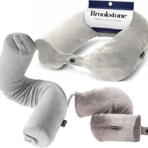 Brookstone Free Form Travel Pillow - Lightweight Flexible Memory Foam Travel Neck Pillow for Sleeping, Car, Airplane & Travel Support, Grey | Adjustable Internal Spine Shapes Into a U, Roll or Curve for Neck, Back or Side-Sleeper Support, Foldable for Any Trip