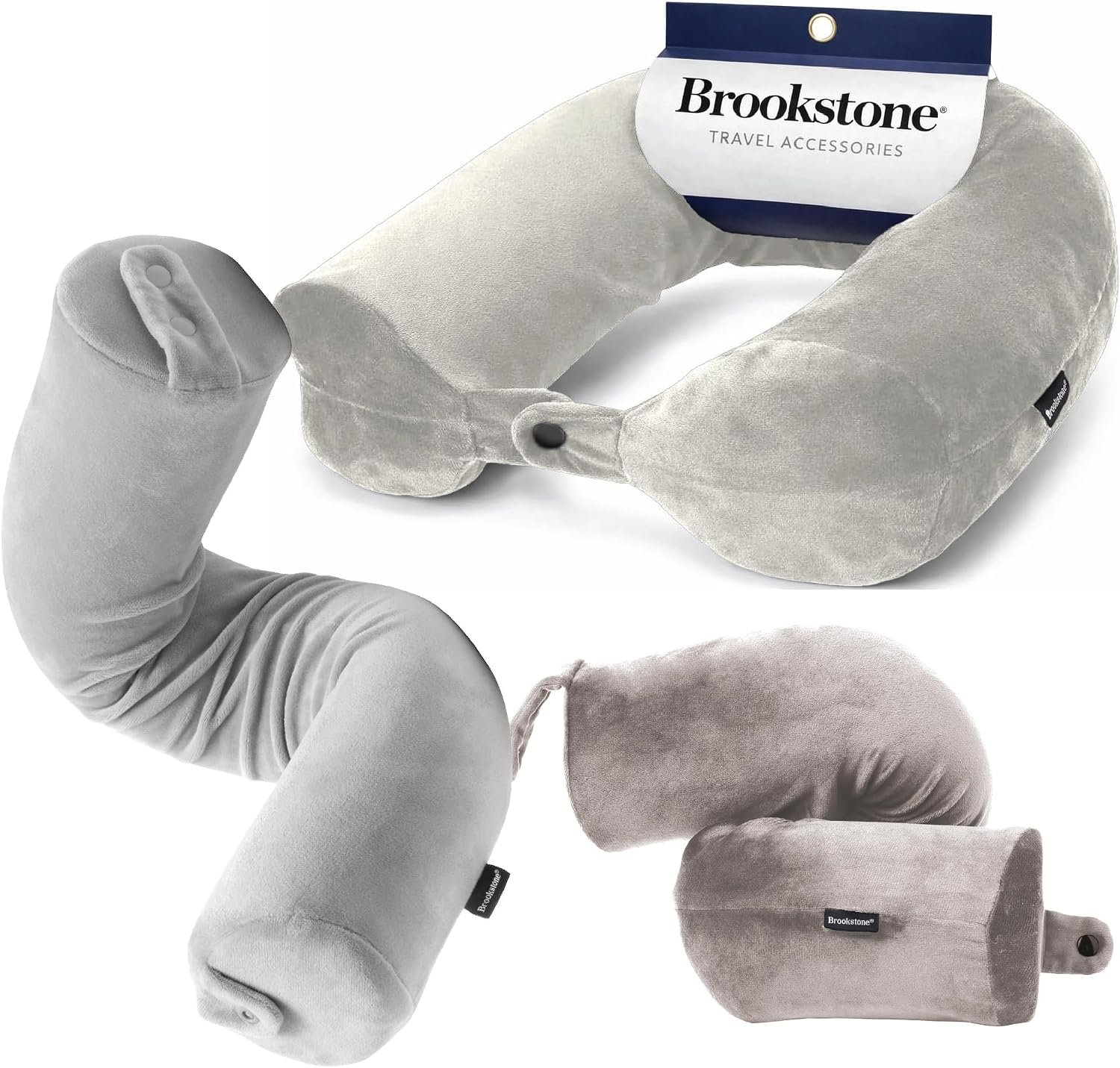 Brookstone Free Form Travel Pillow - Lightweight Flexible Memory Foam Travel Neck Pillow for Sleeping, Car, Airplane & Travel Support, Grey | Adjustable Internal Spine Shapes Into a U, Roll or Curve for Neck, Back or Side-Sleeper Support, Foldable for Any Trip