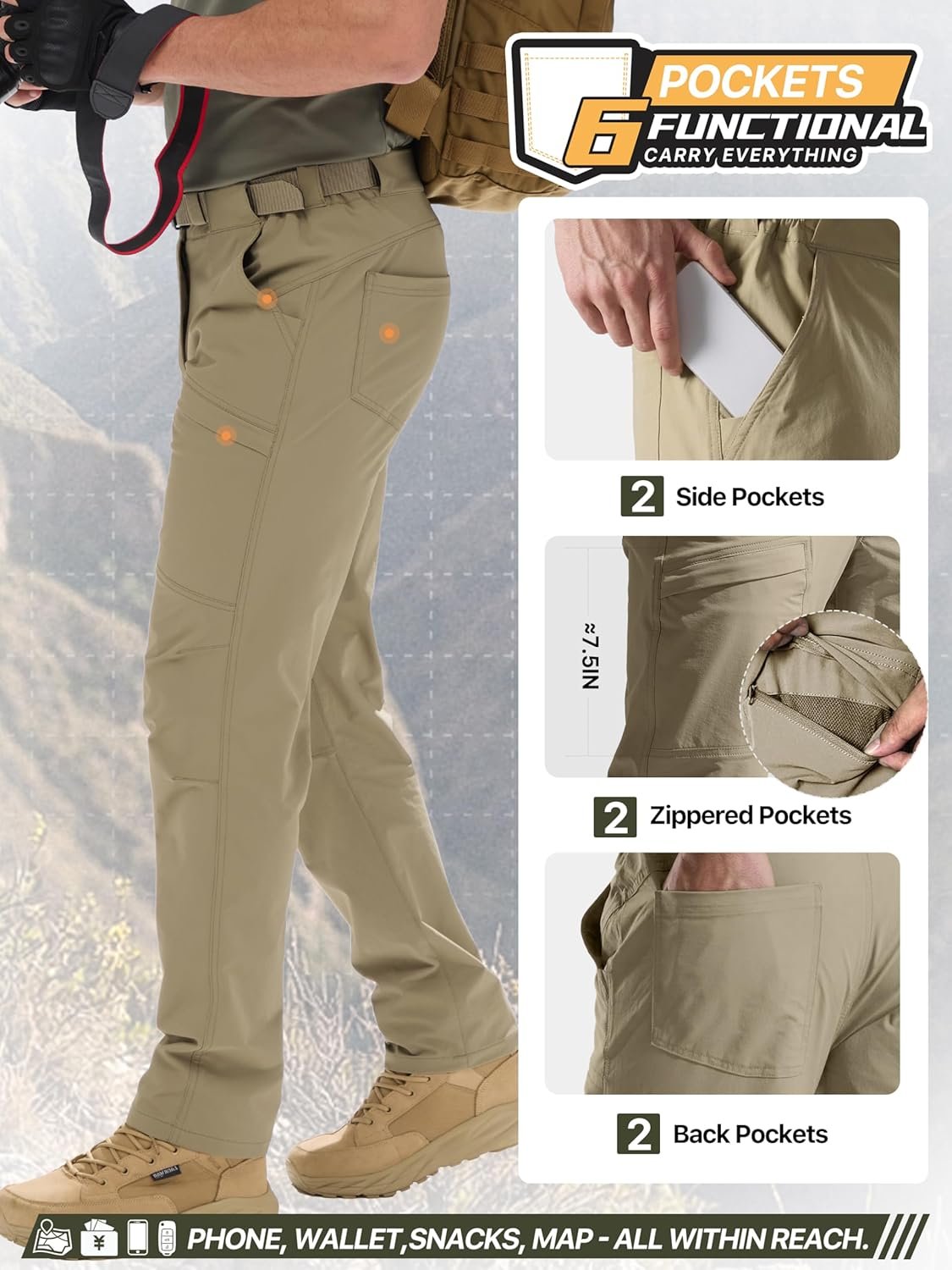 FREE SOLDIER Men's Outdoor Cargo Hiking Pants with Belt | Lightweight Waterproof Quick Dry Tactical Pants Nylon Spandex, 6 Pockets, 4-Way Stretch, UPF 50+, for Work Fishing - Image 5