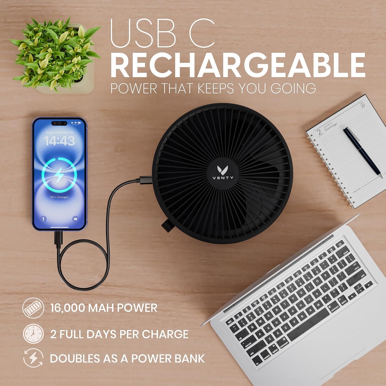 VENTY Portable Fan - Wireless Battery Operated Fan - 4 Speeds - LED Lighting - Carry Case & Remote Control - Cruise Travel - Outdoor Travel RV Power Bank With USB-C Port (Black with Case) - Image 7