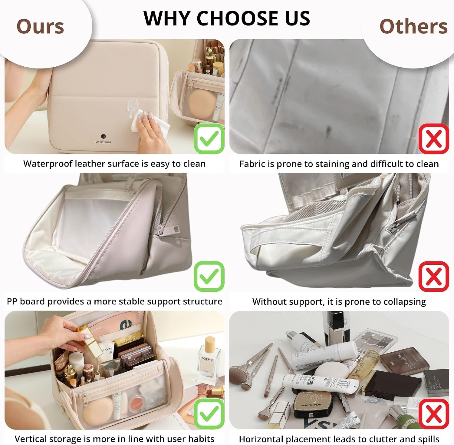 tianzong Travel Makeup Bag with Magnetic Fold-Down Flap, Waterproof Leather Cosmetic and Toiletry Organizer for Women, Multi-Zone Standing Storage, Cream, Large - Image 5