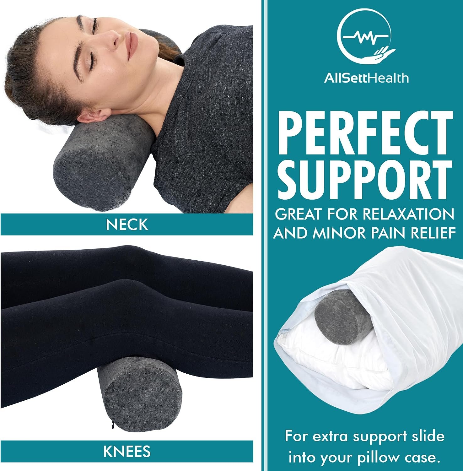 AllSett Health Round Cervical Roll Cylinder Bolster Pillow with Removable Washable Cover, Ergonomically Designed for Head, Neck, Back, and Legs, Grey | 13"X 5" - Image 4
