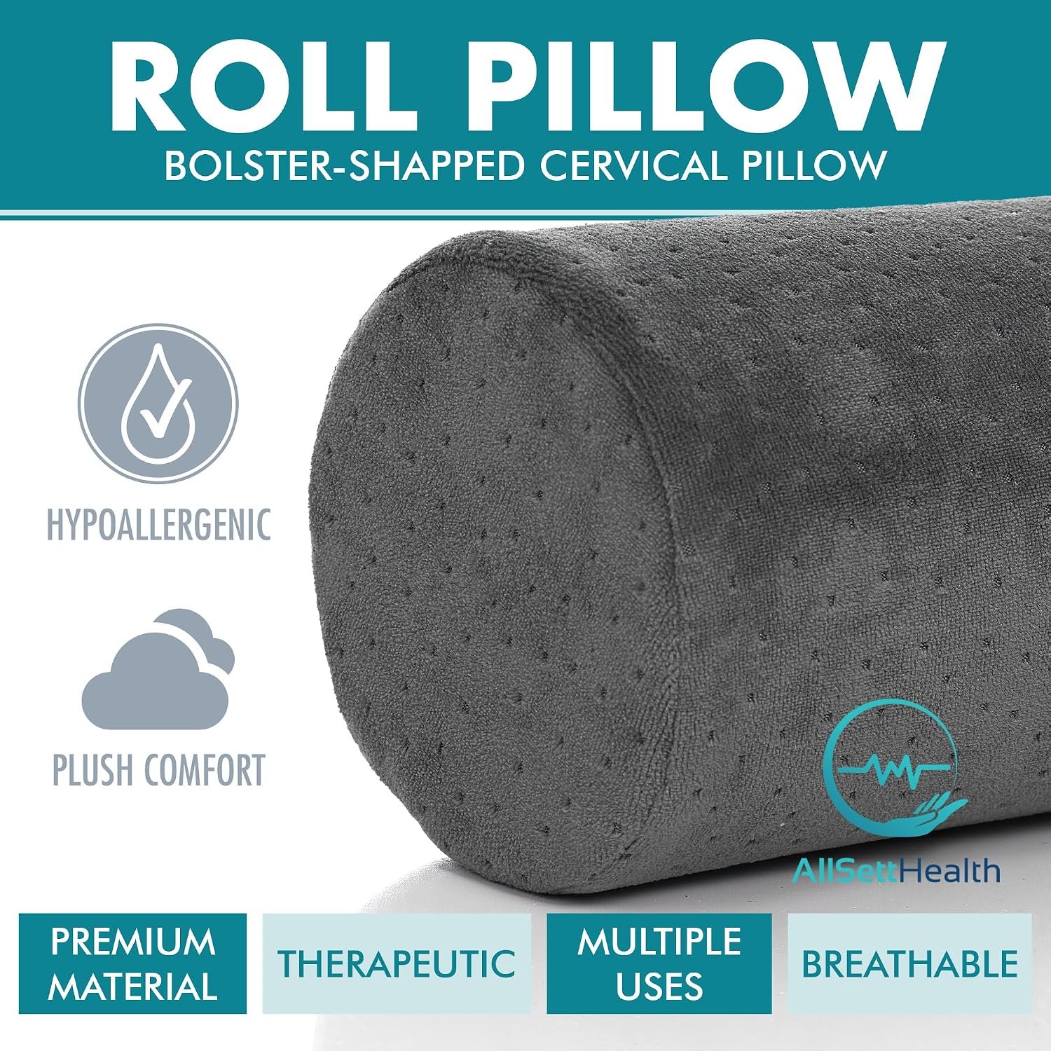 AllSett Health Round Cervical Roll Cylinder Bolster Pillow with Removable Washable Cover, Ergonomically Designed for Head, Neck, Back, and Legs, Grey | 13"X 5" - Image 2