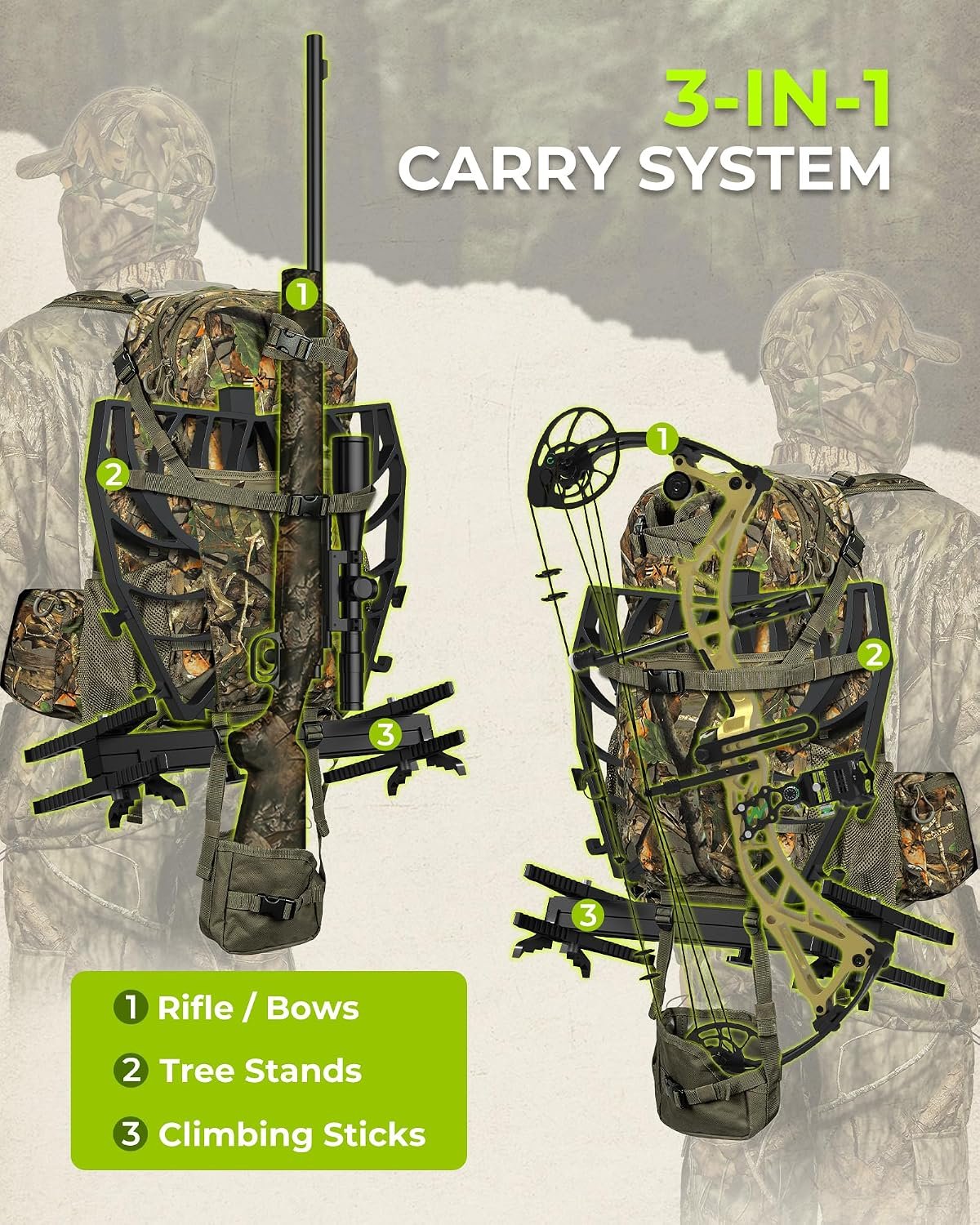 Extremus by KastKing Timber Trail Hunting Backpack for Men, Hunting Pack | Quiet Hunting Bag, Rifle Sling, Ammo Storage, Rain Cover Included, Hydration Compatible, Tree Stand & Climbing Stick Carry - Image 2
