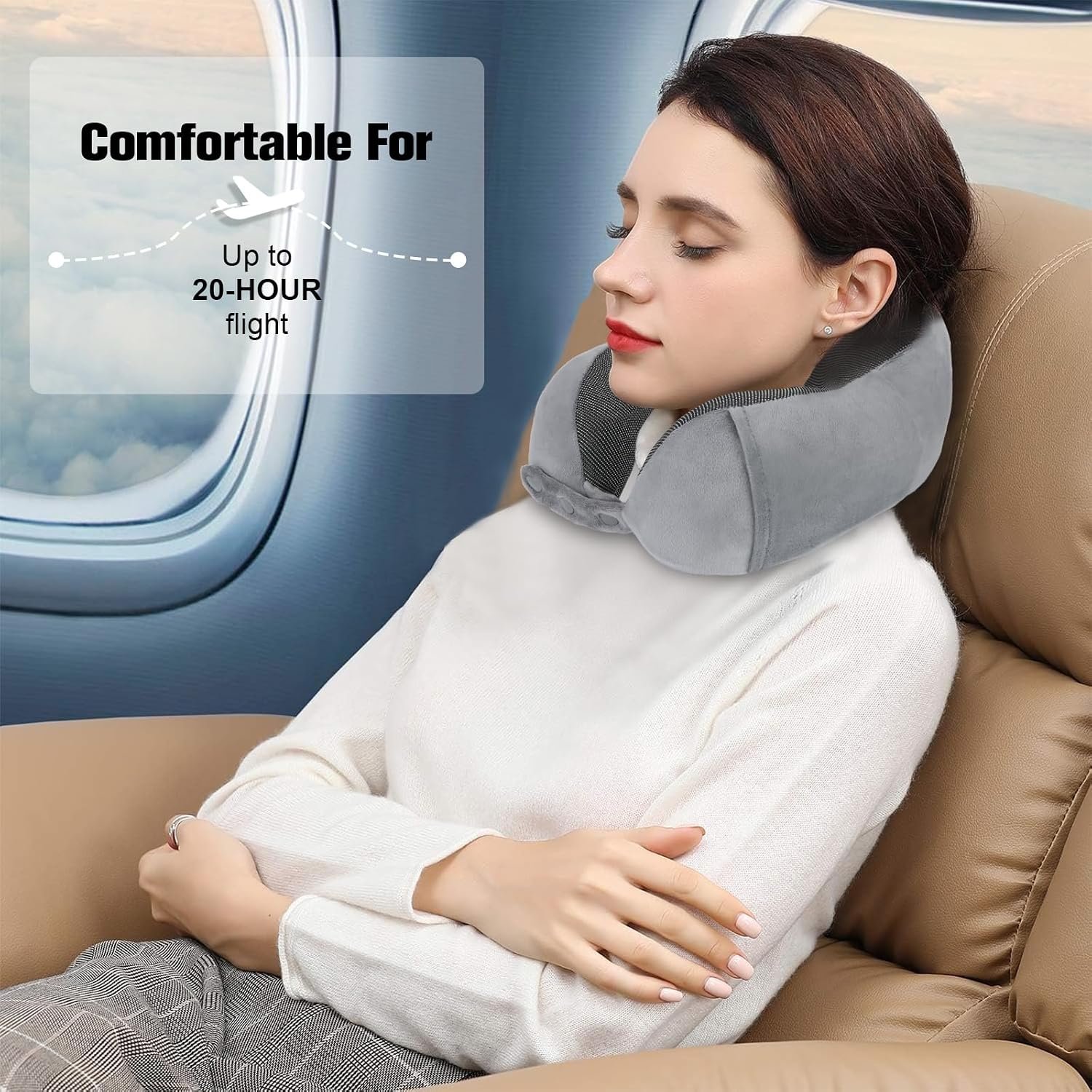 Cirorld Neck Pillow for Traveling, Travel Pillows for Airplanes Grey | 100% Memory Foam Travel Neck Pillow, Adjustable Flight Pillow, Portable Plane Accessories with Eye Mask, Earplugs, Carry Bag - Image 7