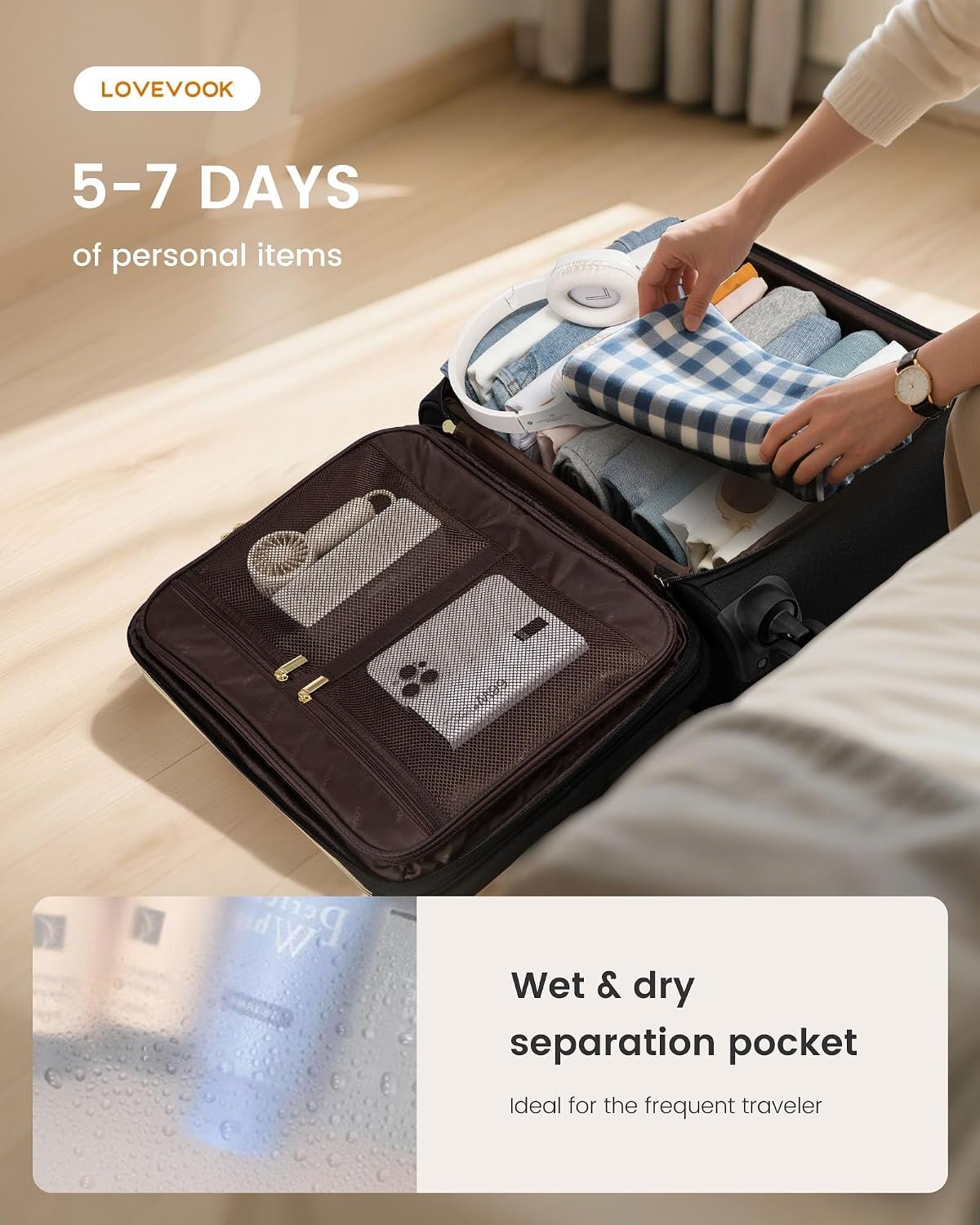 LOVEVOOK Carry on Suitcase 22x14x9 Airline Approved,20 inch Apricot-Coffee | Special Garment Compartment,Lightweight Waterproof, 360° Silent Swivel Wheels, TSA Lock and Compartment, Large Capacity - Image 3