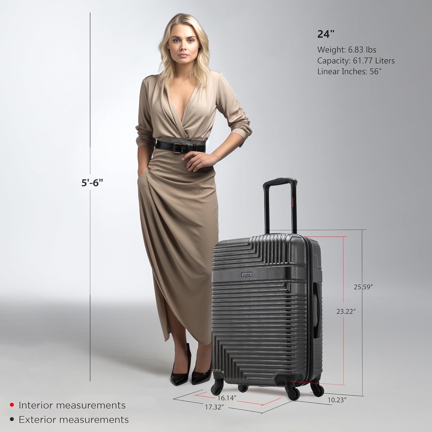 InUSA RESILIENCE Luggage with Spinner Wheels | Durable Lightweight Hardside Spacious Travel Bag with Handle and Trolley | 24-Inch Medium Checked Luggage | Charcoal - Image 2