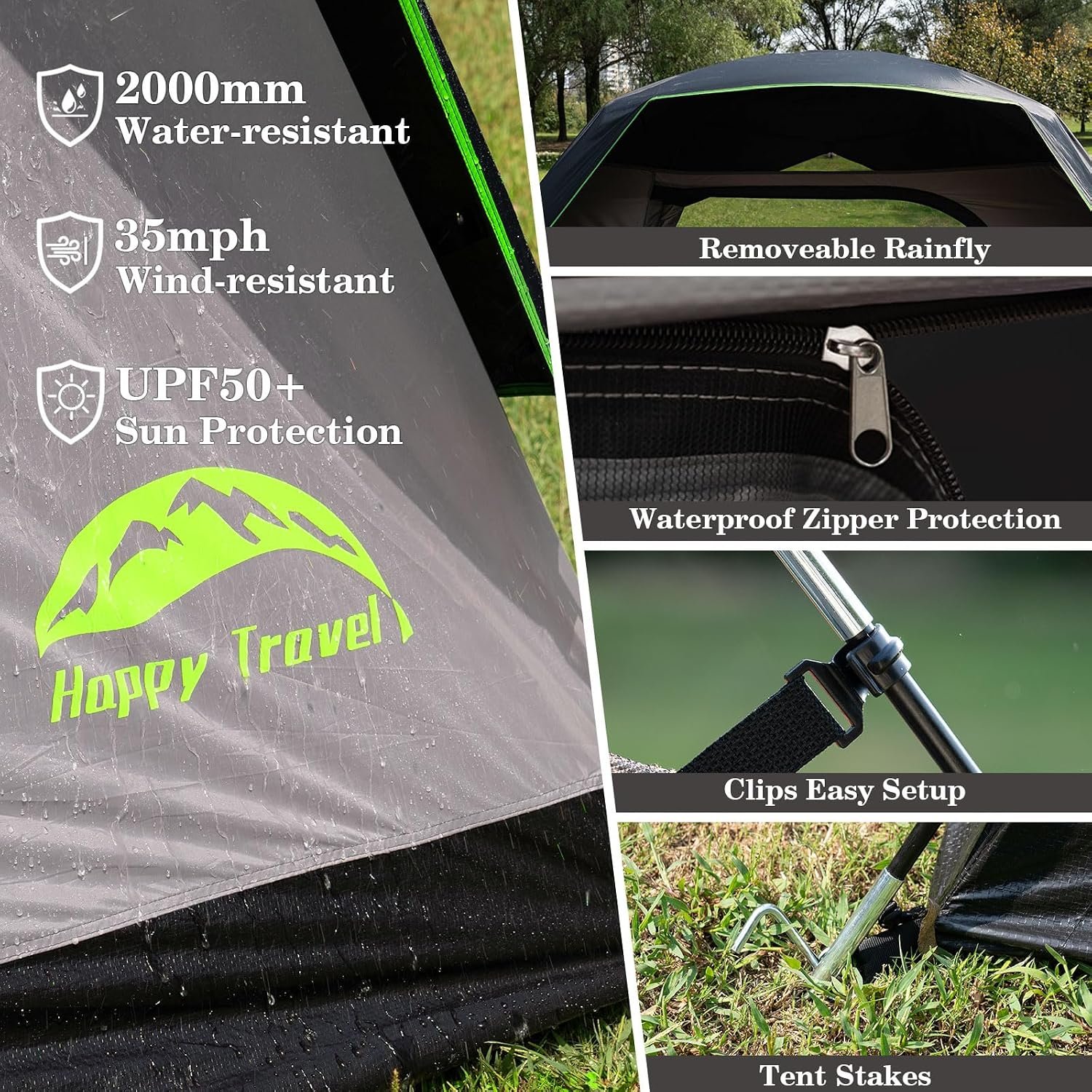 Happy Travel Camping Tent, 4/6 Person Dome Tents for Camping with Rainfly | Waterproof Clip Easy Setup Portable Family Tent with Mesh Windows, 20% More Headroom Backpacking Tents for Camping & Hiking - Image 9