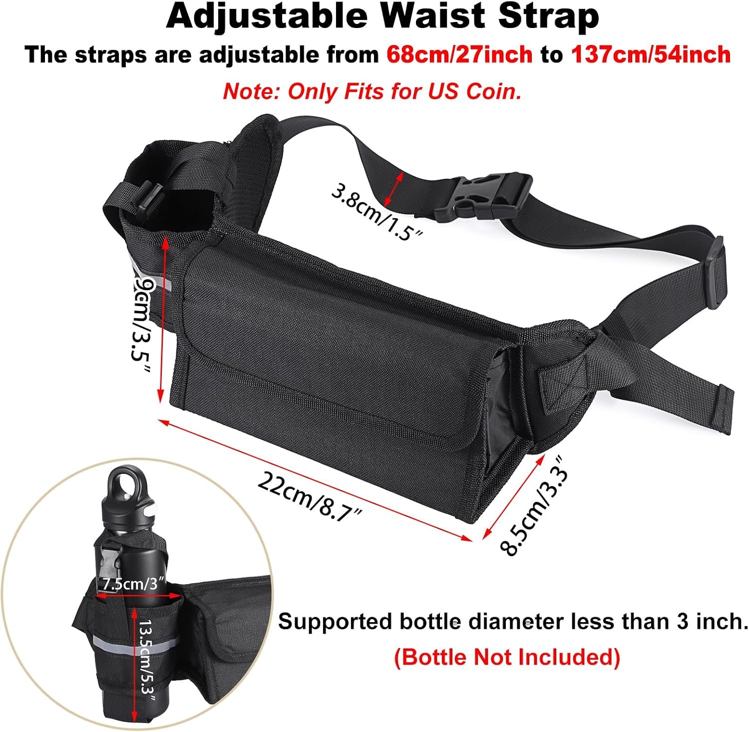 BSTKEY US Coin Holder Coin Dispenser with Water Bottle Holder, Fanny Pack with Banknote Waiters Purse Coin Sorter Coin Organizer, Black Coin Storage Bag with Belt for Waitress Serve Hiking Walking - Image 2